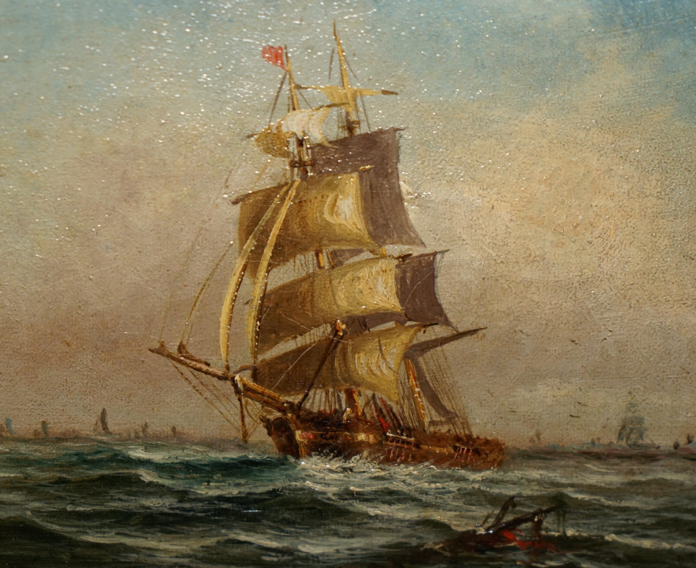 Apogée victorien SMALL ANTIQUE NAUTICAL VICtoriaN OIL PAiNTING OF A EARLY 19TH Century SHIP en vente