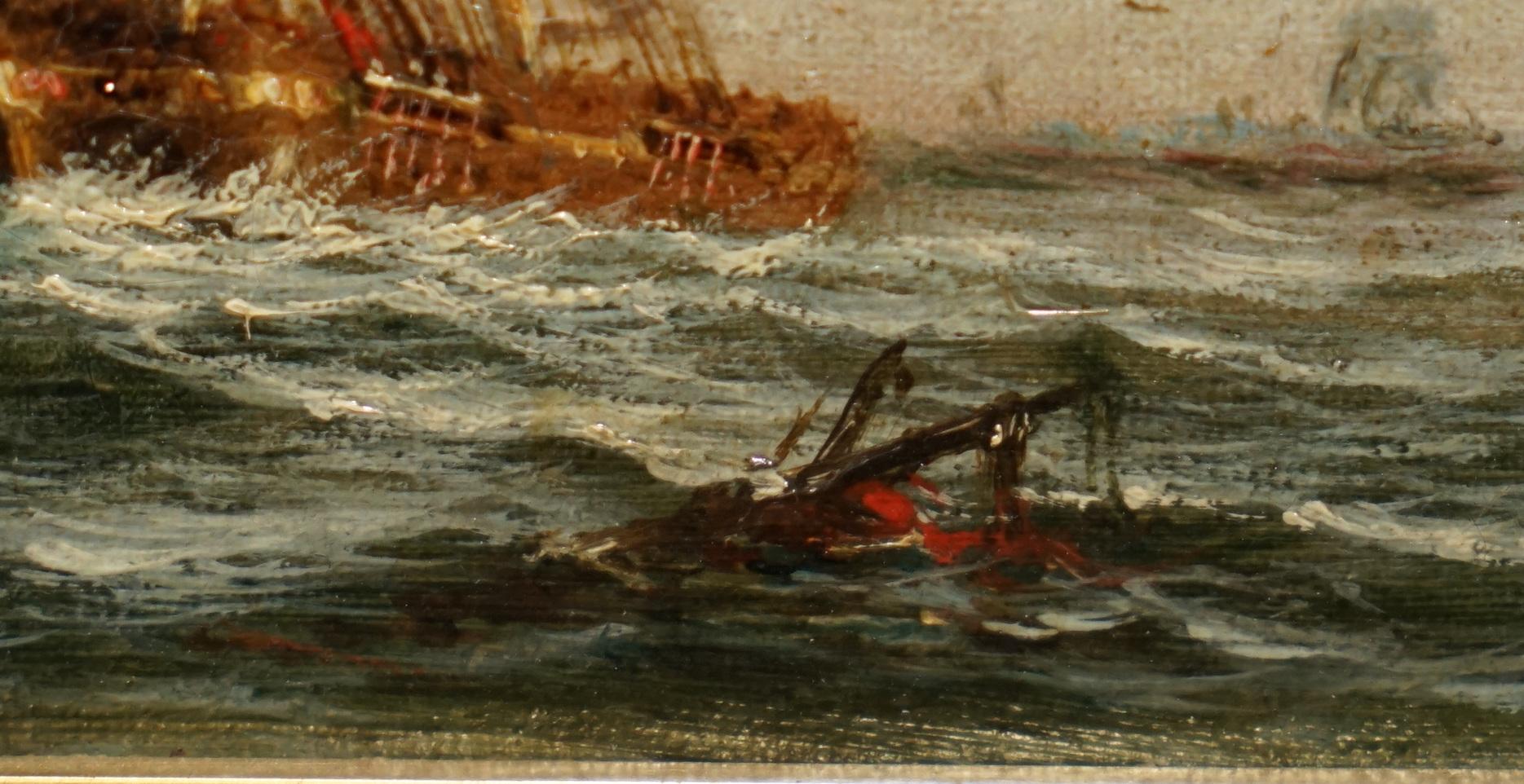English SMALL ANTIQUE NAUTICAL VICTORIAN OIL PAiNTING OF A EARLY 19TH CENTURY SHIP For Sale