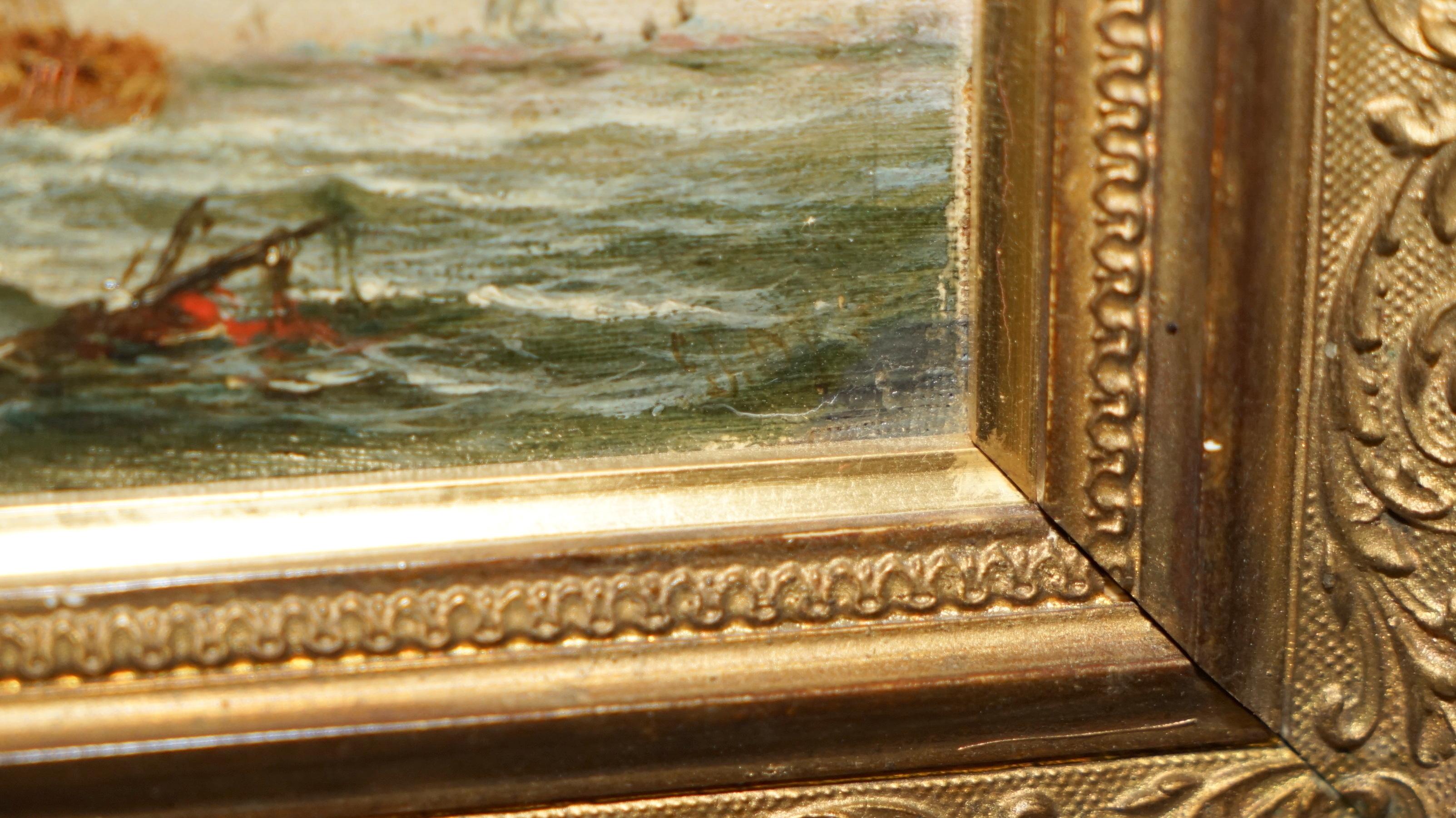 Hand-Painted SMALL ANTIQUE NAUTICAL VICTORIAN OIL PAiNTING OF A EARLY 19TH CENTURY SHIP For Sale