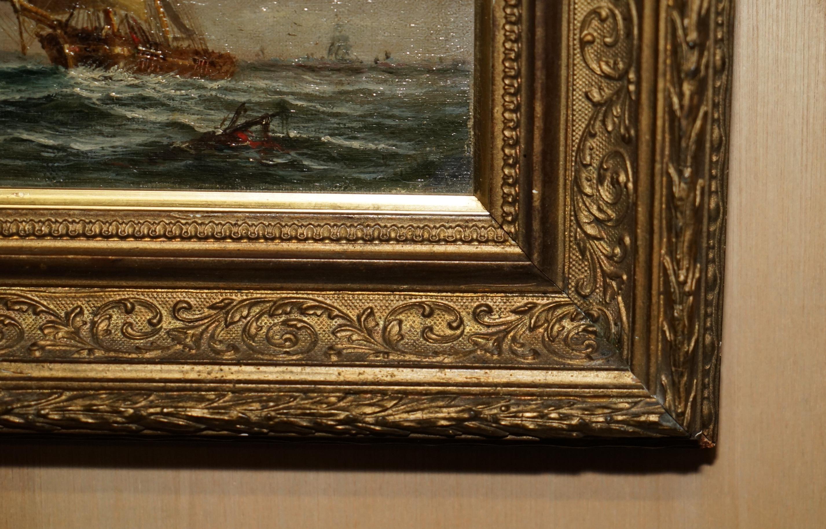 SMALL ANTIQUE NAUTICAL VICtoriaN OIL PAiNTING OF A EARLY 19TH Century SHIP en vente 1