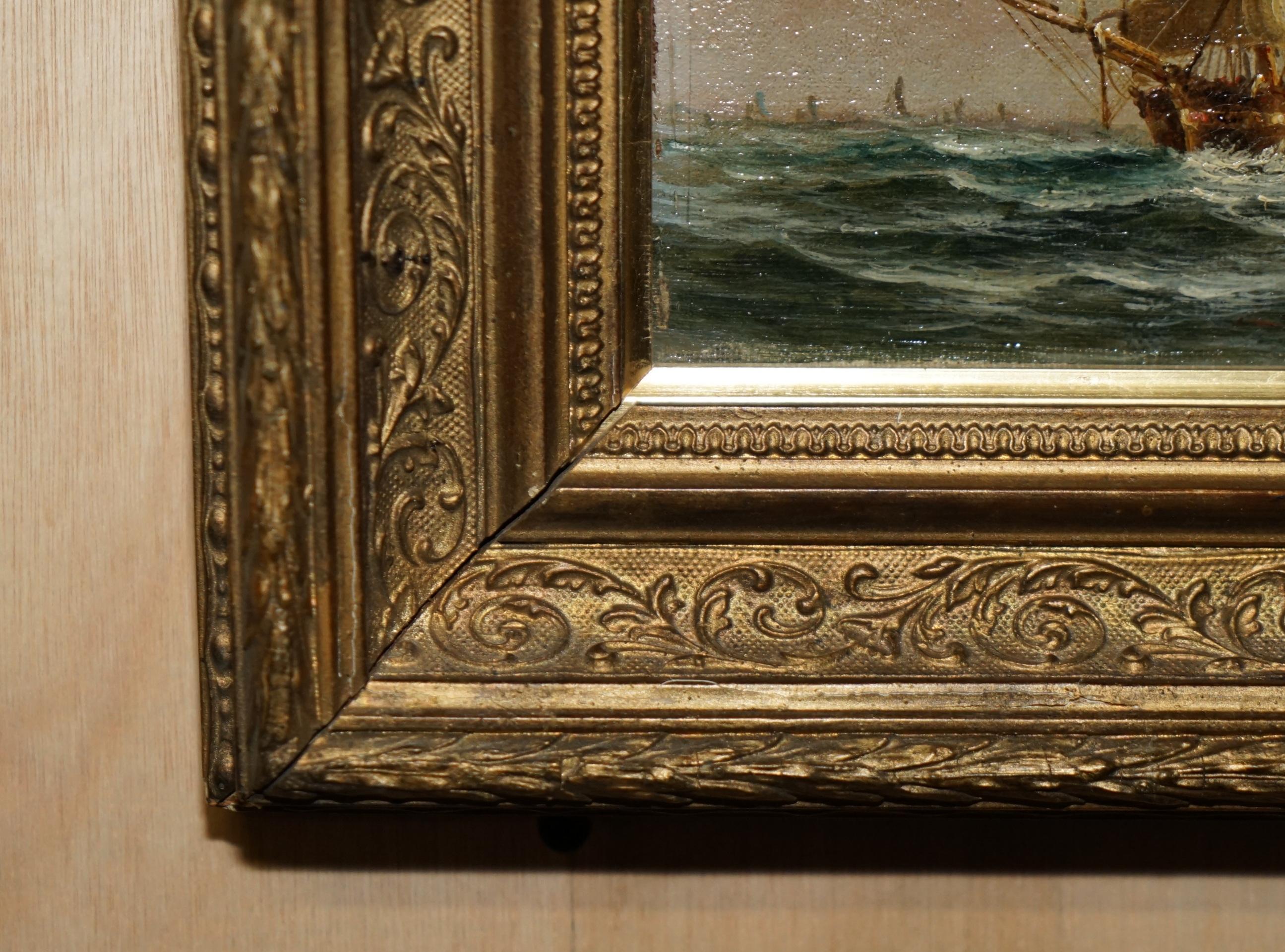 SMALL ANTIQUE NAUTICAL VICtoriaN OIL PAiNTING OF A EARLY 19TH Century SHIP en vente 2