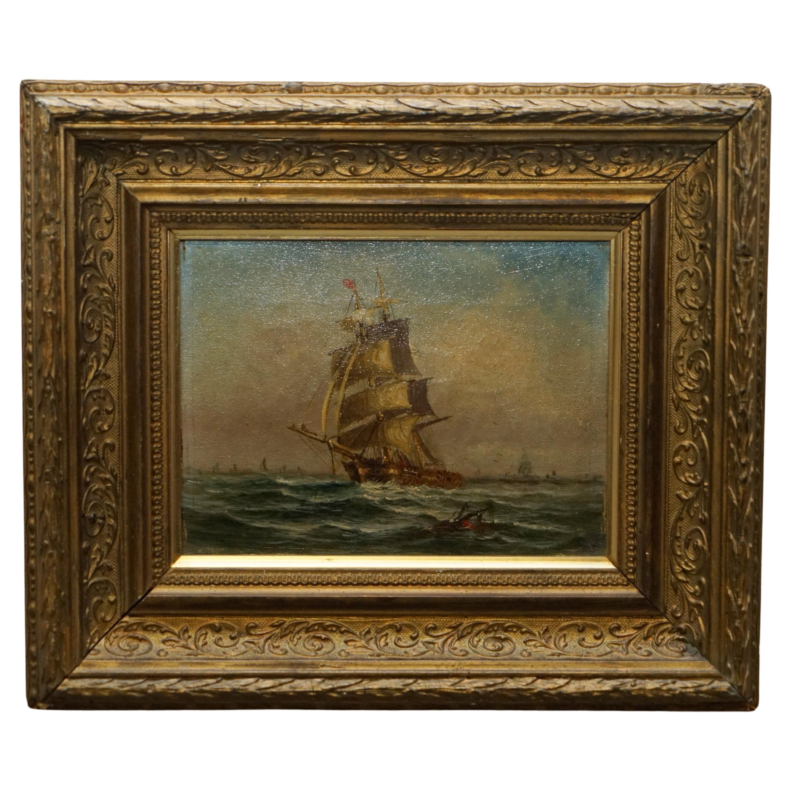 SMALL ANTIQUE NAUTICAL VICTORIAN OIL PAiNTING OF A EARLY 19TH CENTURY SHIP For Sale