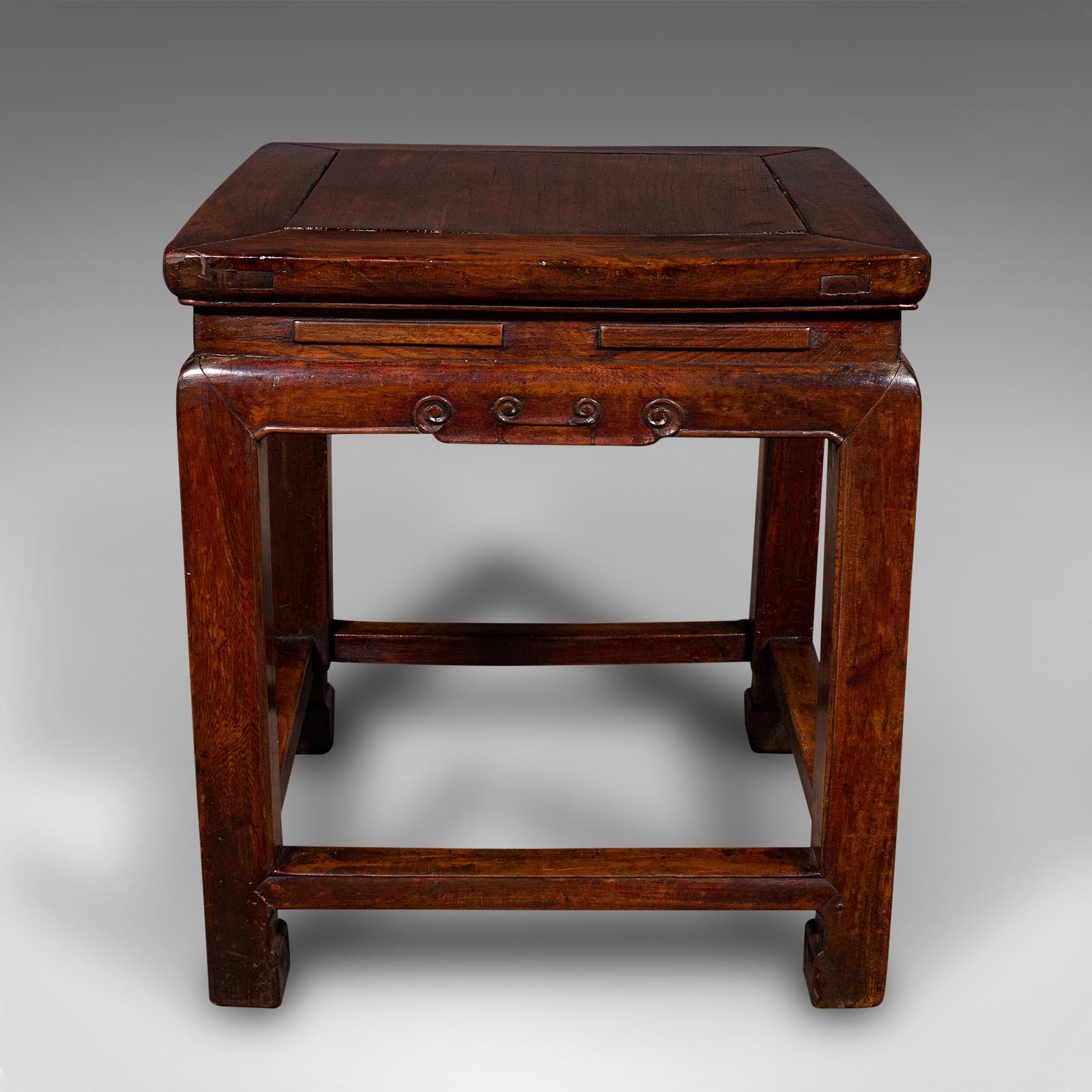 Chinese Export Small Antique Occasional Table, Oriental, Chinese Elm, Accent Stool, Victorian