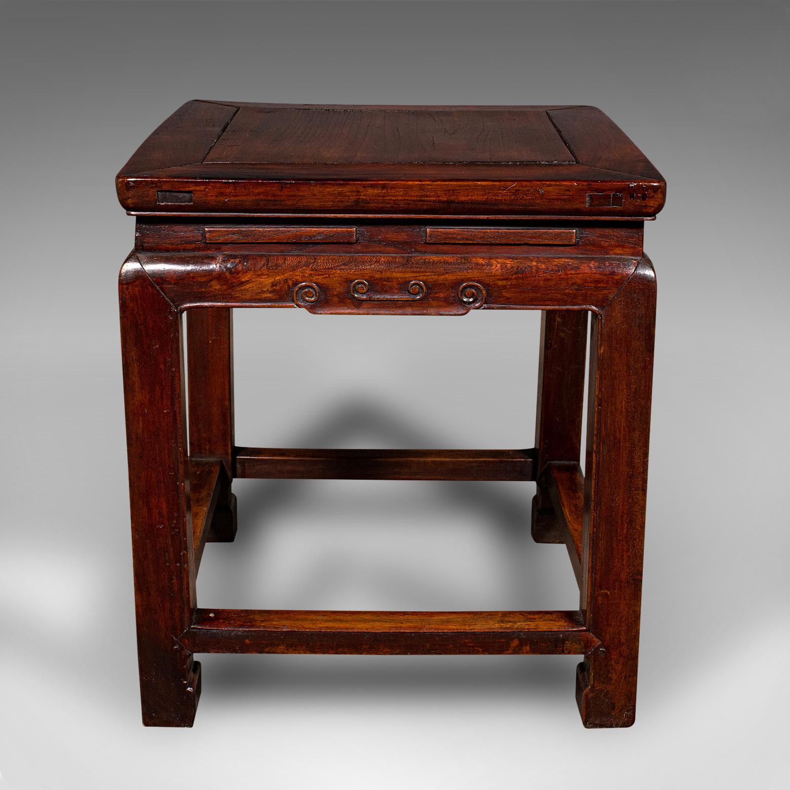 19th Century Small Antique Occasional Table, Oriental, Chinese Elm, Accent Stool, Victorian
