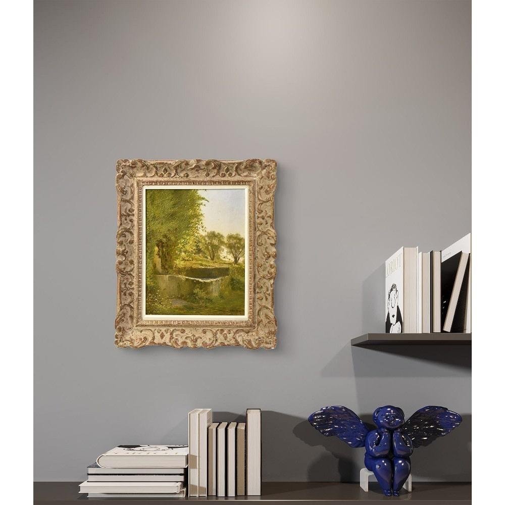 The category Antique Paintings, Landscape With Forest, features a Small Oil Painting On Canvas from the early twentieth century.

Old landscape paintings, which proposes a naturalistic setting a forest with a pool of water, a fountain along a
