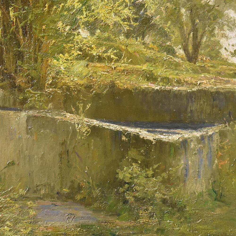 Beaux Arts Small Antique Oil Painting, Landscape With Forest And Fountain, Nature Painting.