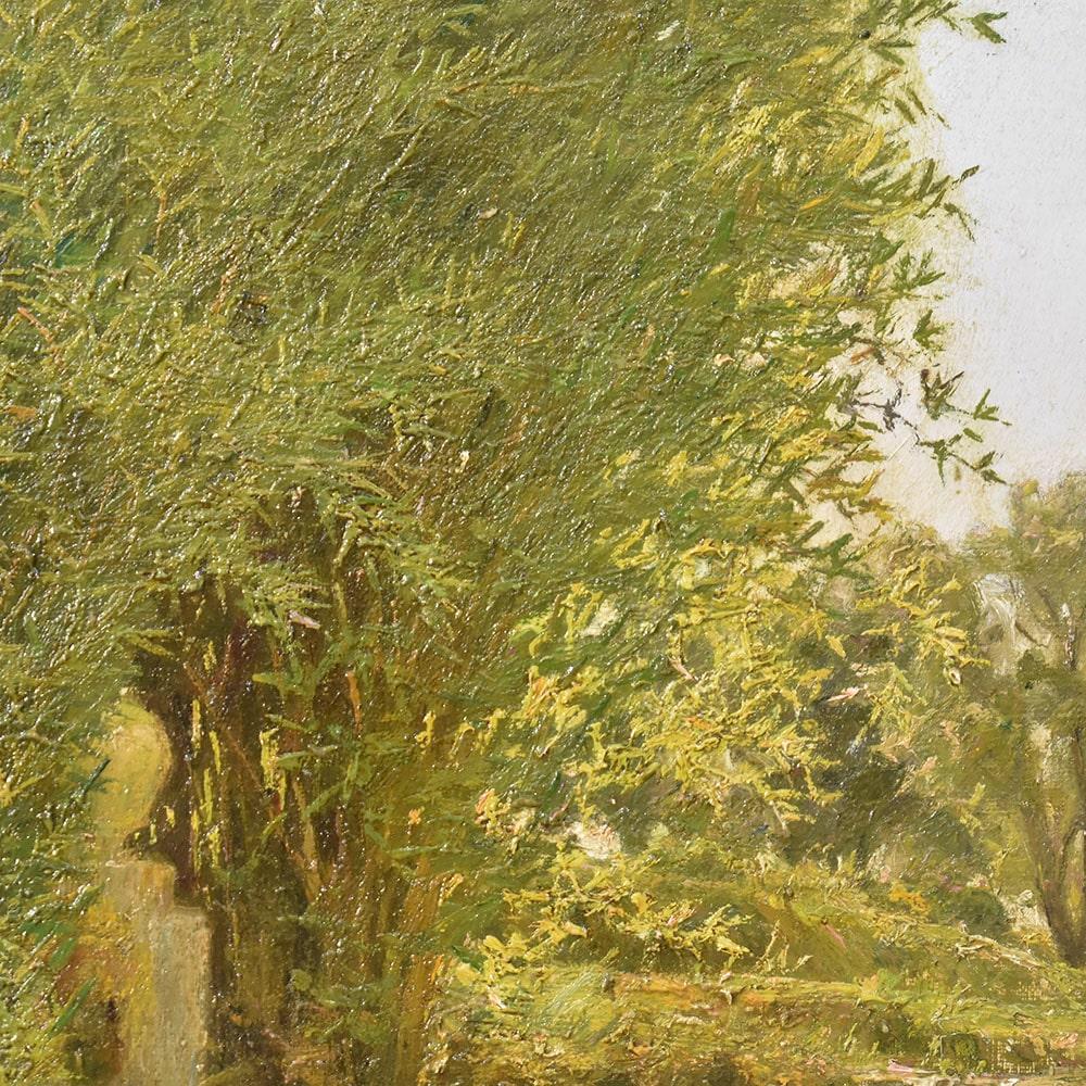 French Small Antique Oil Painting, Landscape With Forest And Fountain, Nature Painting.