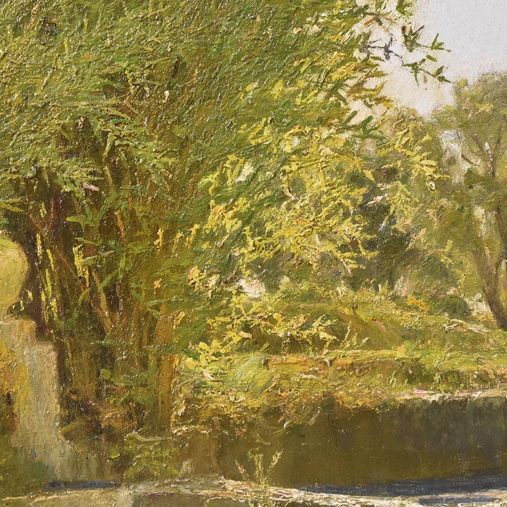 Oiled Small Antique Oil Painting, Landscape With Forest And Fountain, Nature Painting.