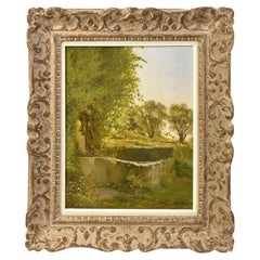 Small Antique Oil Painting, Landscape With Forest And Fountain, Nature Painting.