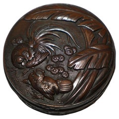 SMALL ANTIQUE ORIENTAL COPPER & BRONZE REPOUSSE JEWELLERY BOX DEPICTING CHICKENs