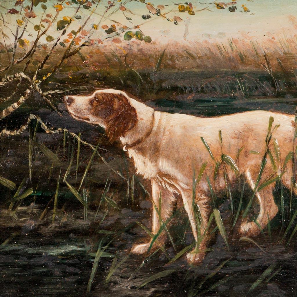 This small painting on board has exquisite detail, from the leaves on the tree branch, to the Spaniel hunting dog's face and fur coat. Please enlarge the photos to appreciate the exceptional brush work in this petite painting. The board is mounted