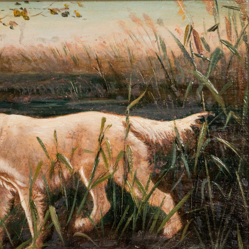 Small Antique Original Danish Oil Painting/Hunting Dog with Exceptional Detail In Good Condition In Round Top, TX