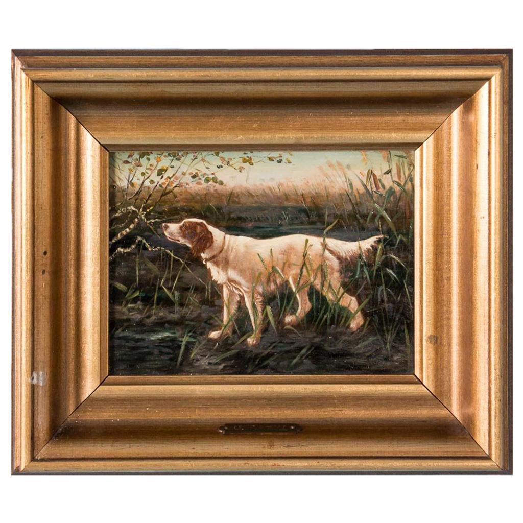 Small Antique Original Danish Oil Painting/Hunting Dog with Exceptional Detail