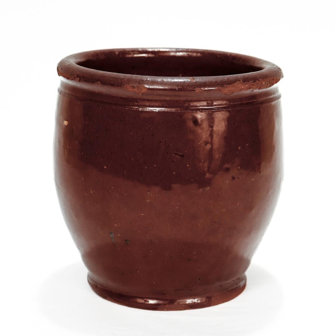 Folk Art Small Antique Ovoid Mid-Atlantic Redware Pottery Flower Pot For Sale