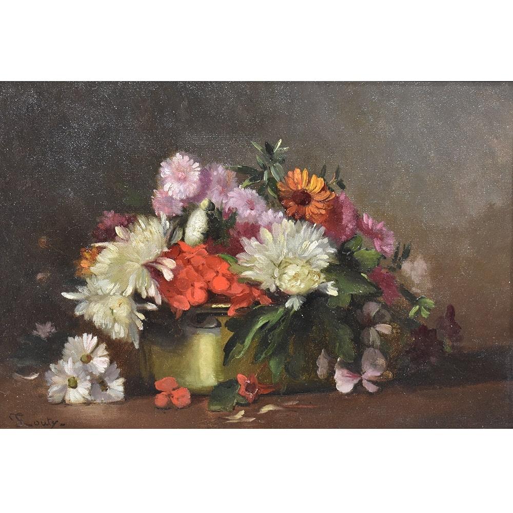Antique Floral paintings, vase of Flower paintings which represents a bouquet of Daisies and Roses
of various colours, small oil painting on canvas from the 19th century. 
A copper vase with white daisies and small roses, gracefully