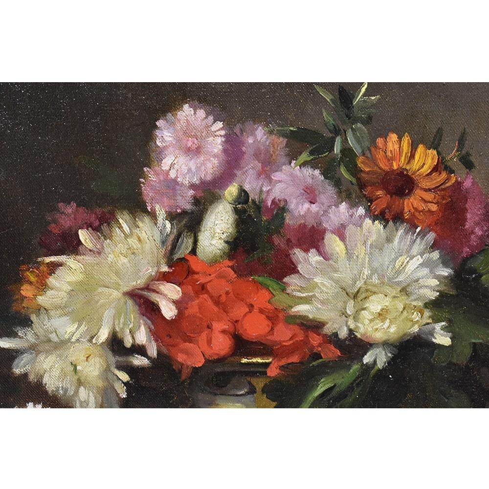 French Small Antique Painting with Flowers, Still Life Oil Painting, 19th Century