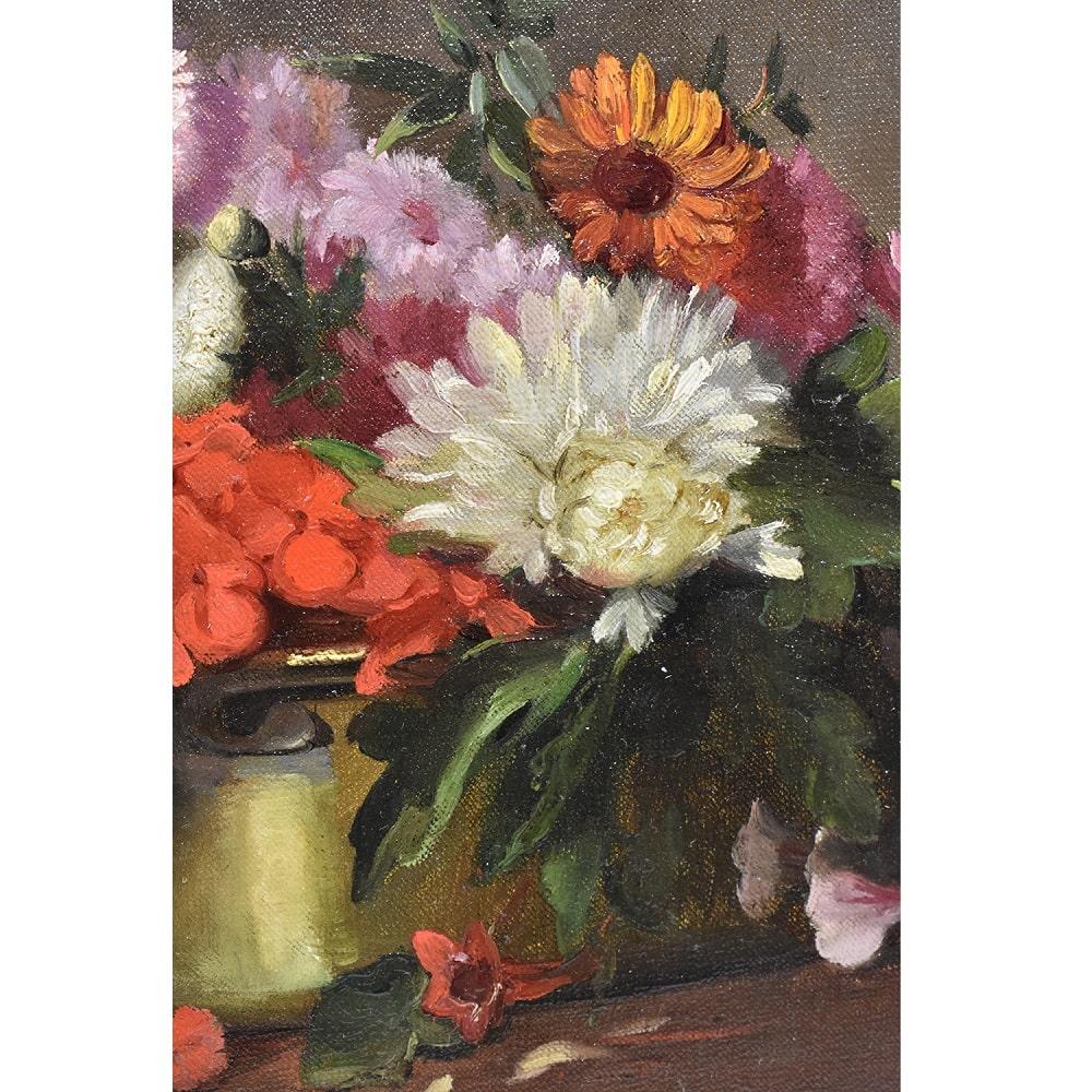 Painted Small Antique Painting with Flowers, Still Life Oil Painting, 19th Century
