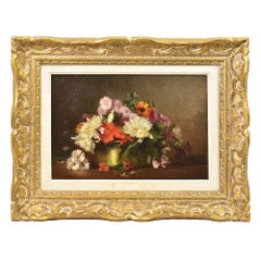 Small Antique Painting with Flowers, Still Life Oil Painting, 19th Century
