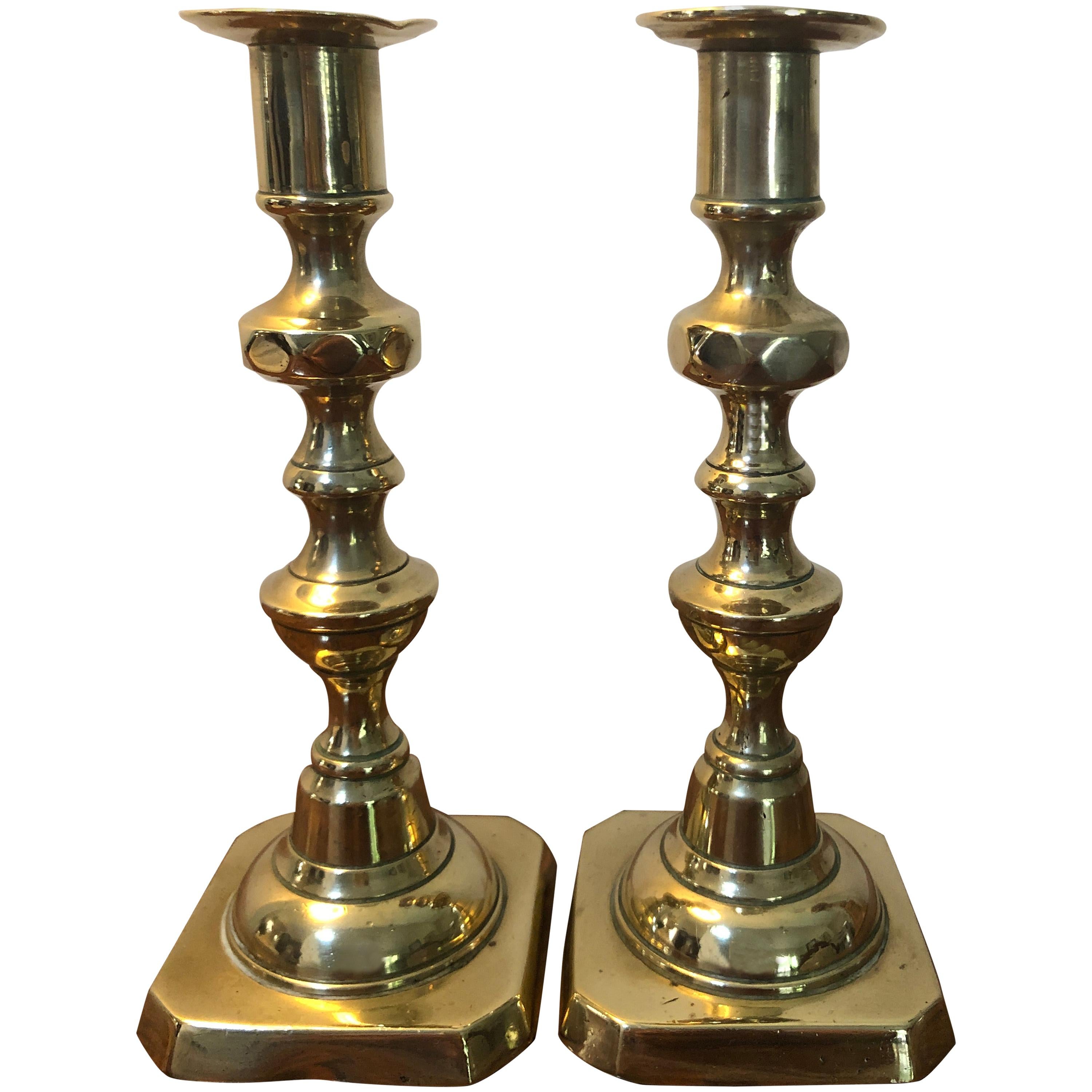 Small Antique Pair of Brass Candlesticks, circa 1820