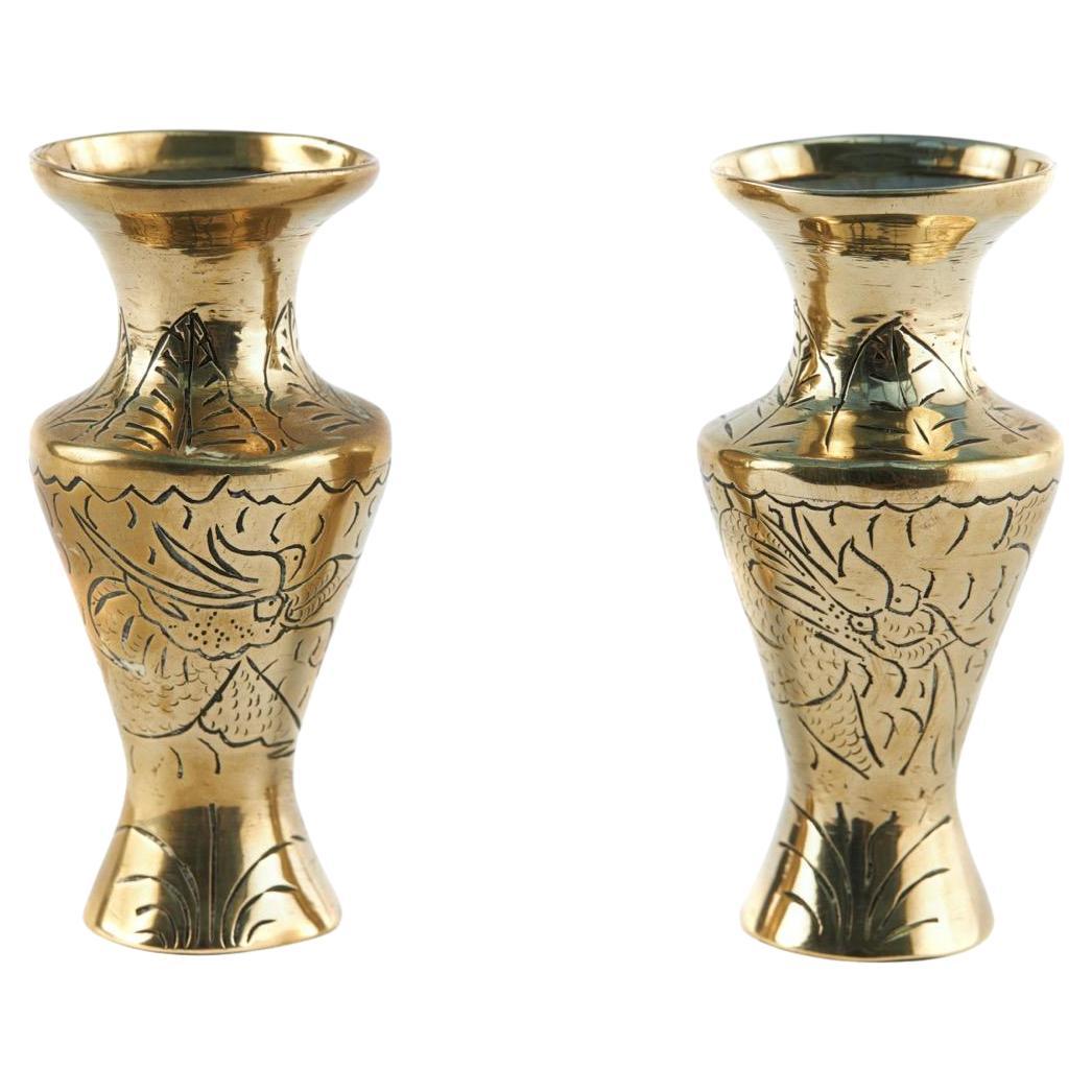 Small Antique Pair Of Chinese Brass Vases