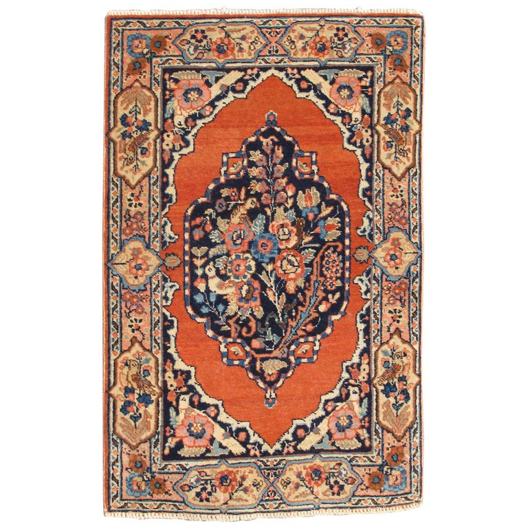 Small Antique Persian Fine Tabriz Rug, Burnt Orange And Turquoise Rugs