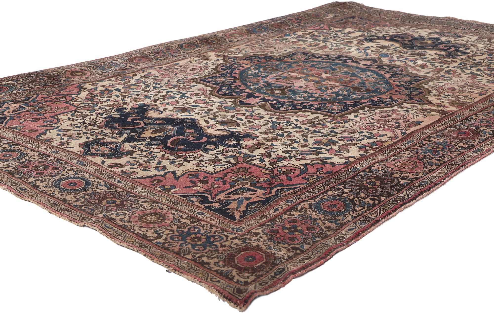 78683 Antique Persian Sarouk Farahan Rug, 04'00 x 06'05. A Sarouk rug, also spelled Saruk or Sarough, hails from Iran's Markazi Province. Meticulously crafted in the village of Saruk, the city of Arak, and the surrounding countryside, these rugs are