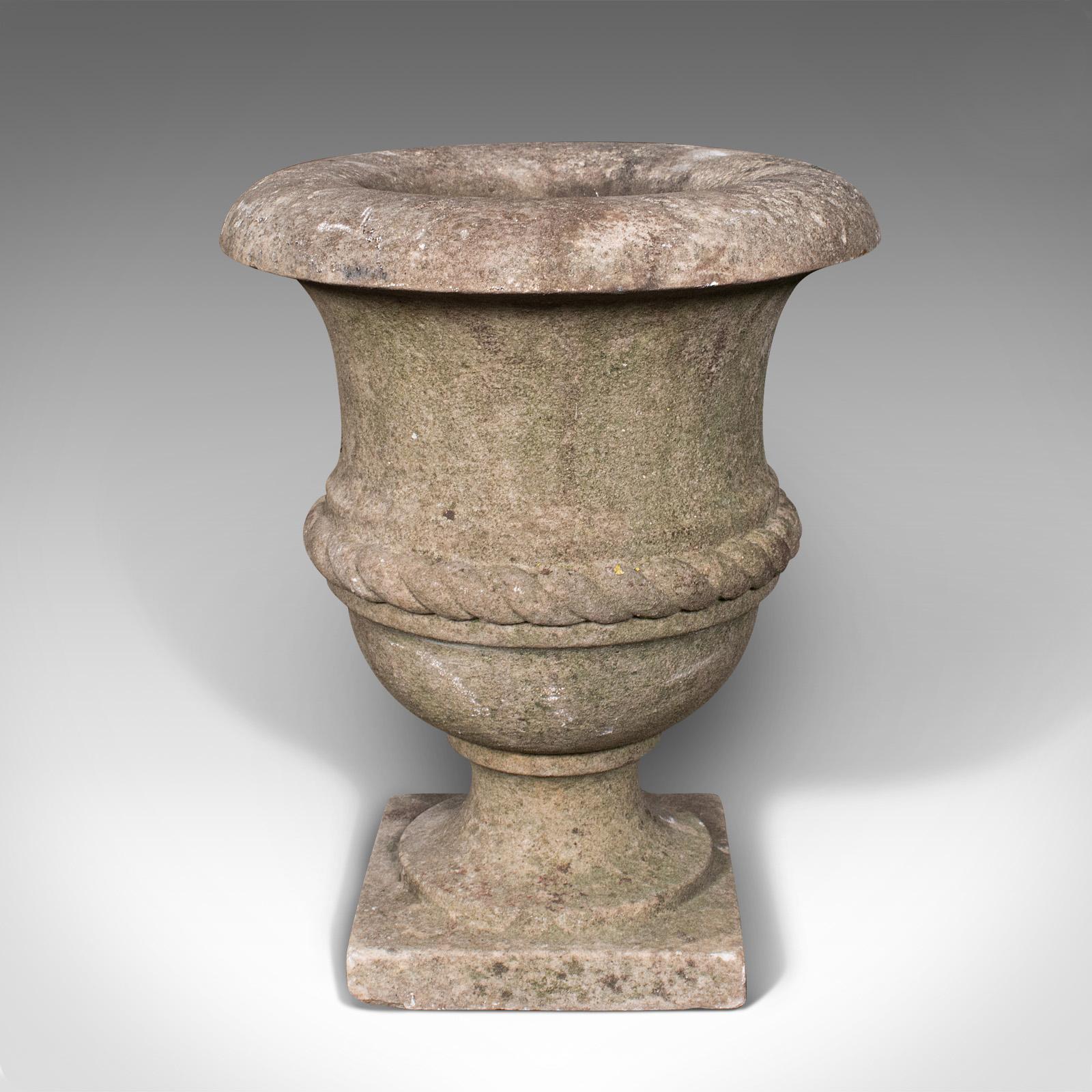 This is a small antique planting urn. An English, weathered marble decorative jardiniere, dating to the Victorian period, circa 1870.

Delightfully weathered from decades of outdoor display
Displaying a desirable aged patina with a light covering
