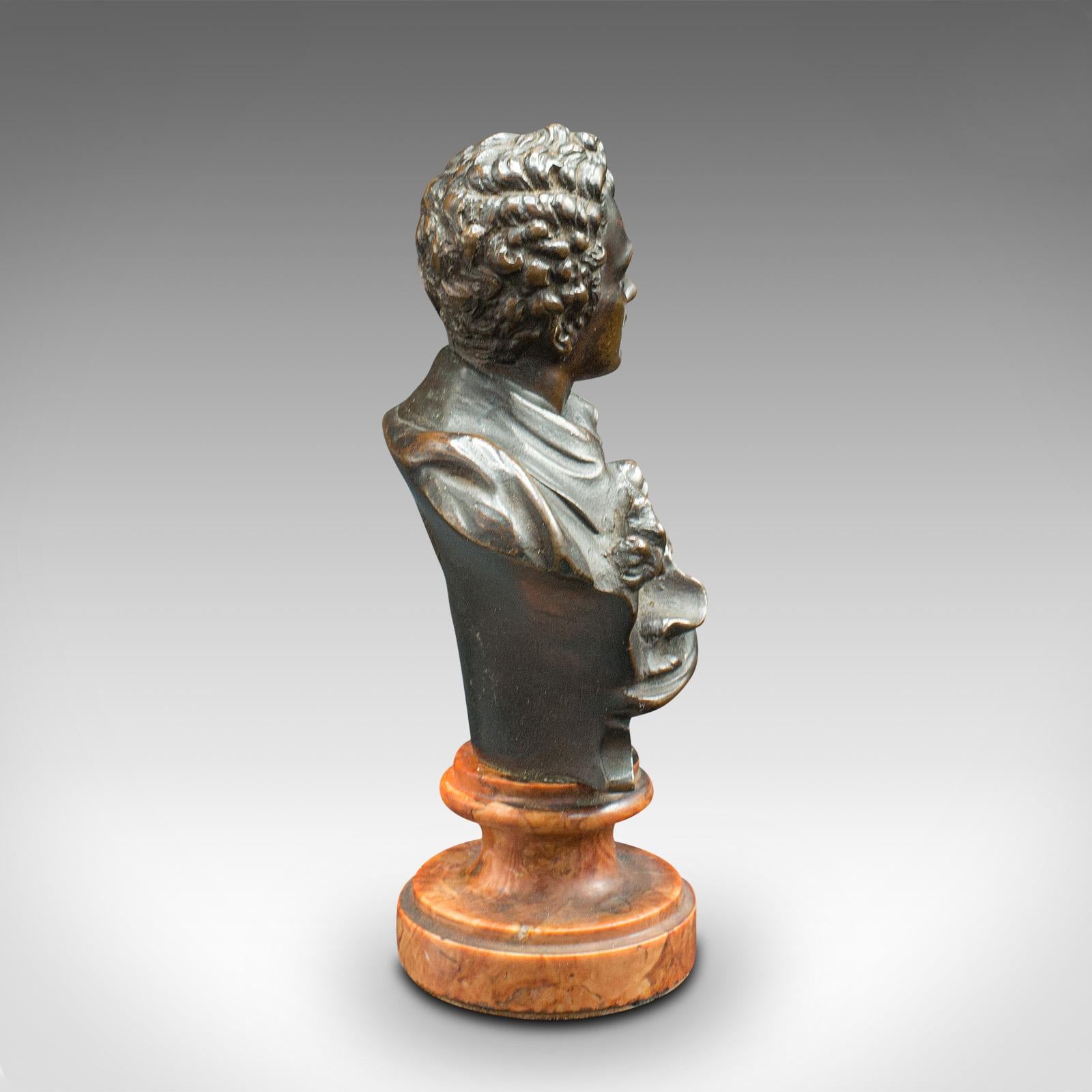 19th Century Small Antique Portrait Bust, Austrian, Bronze, Figure, Lord Byron, Victorian For Sale