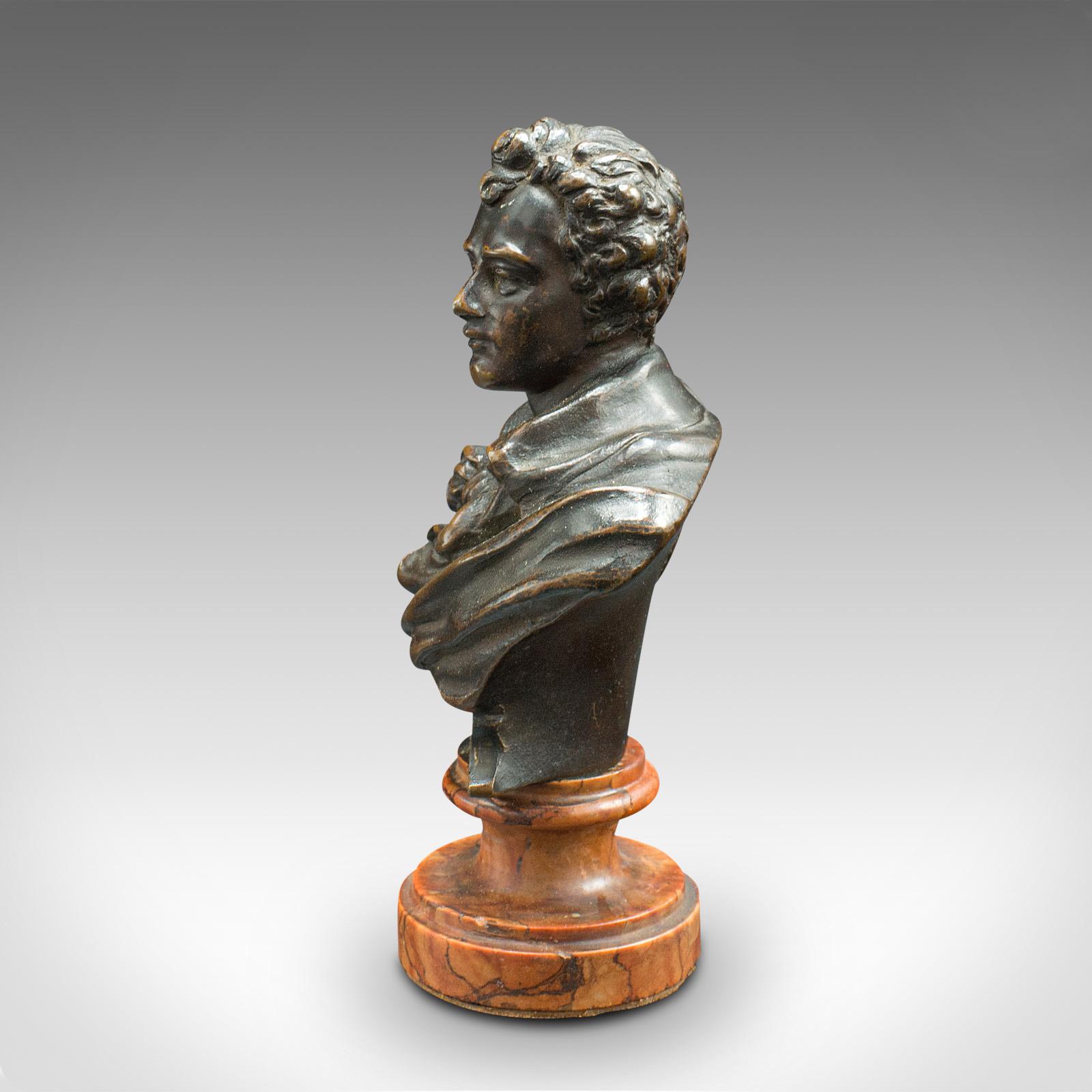 Small Antique Portrait Bust, Austrian, Bronze, Figure, Lord Byron, Victorian For Sale 2