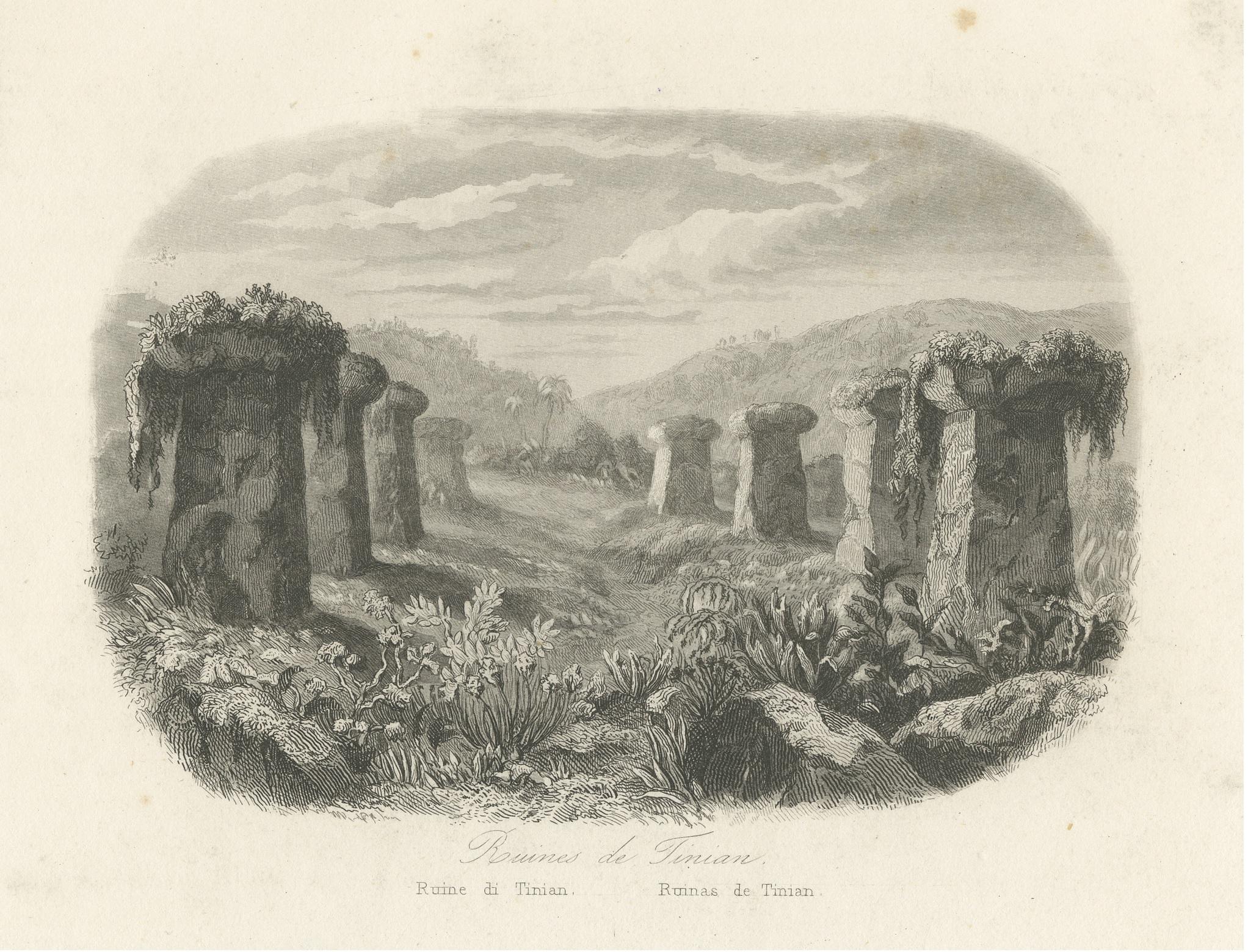 Antique print titled 'Ruines de Tinian'. Original old print of ruins of ancient columns on Tinian Island, Mariana Islands. Source unknown, to be determined. Published circa 1890.