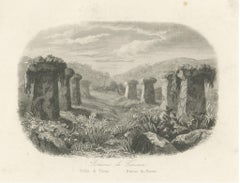 Small Antique Print of Ruins of Ancient Columns on Tinian Island