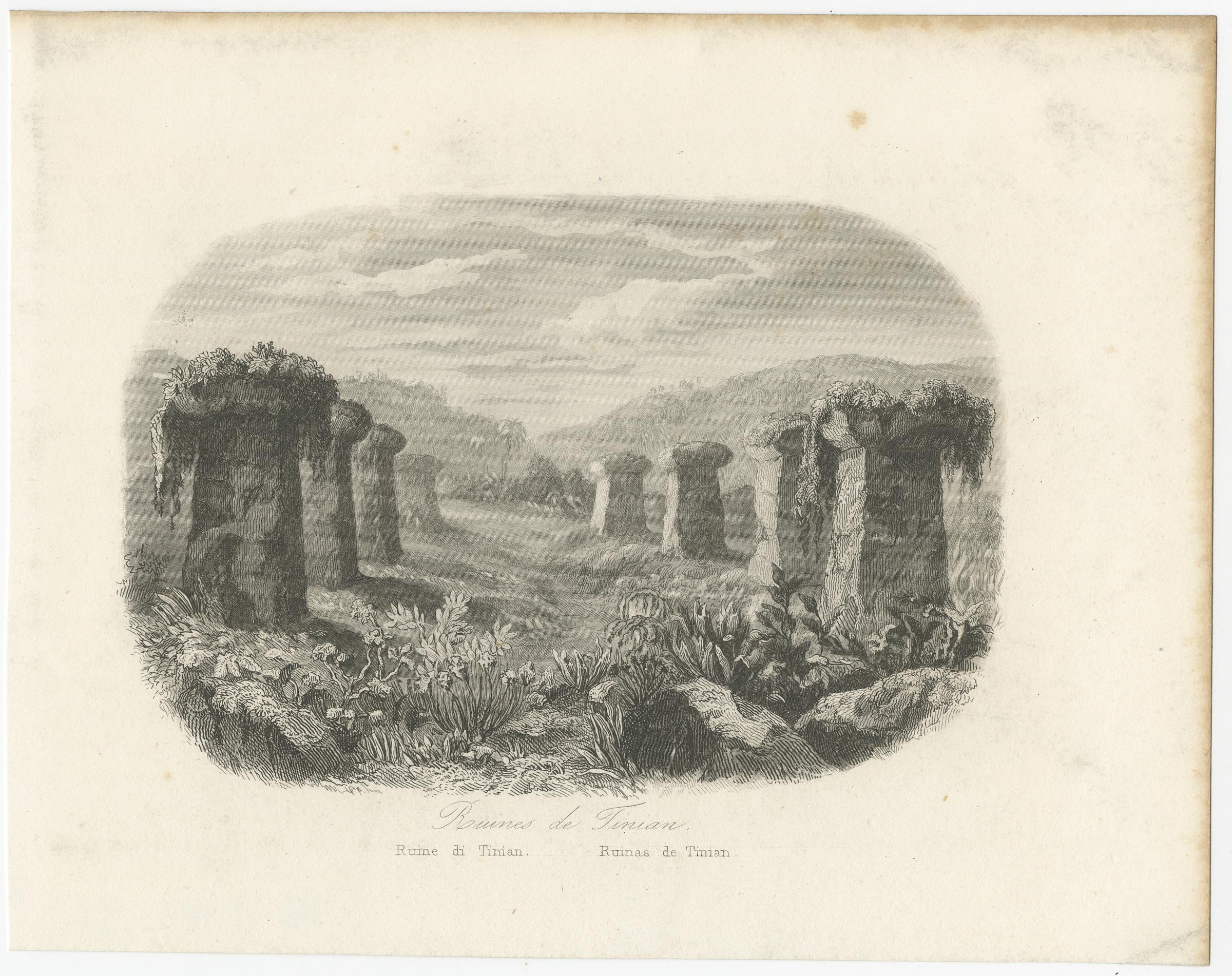 Small Antique Print of Ruins of Ancient Columns on Tinian Island In Good Condition For Sale In Langweer, NL