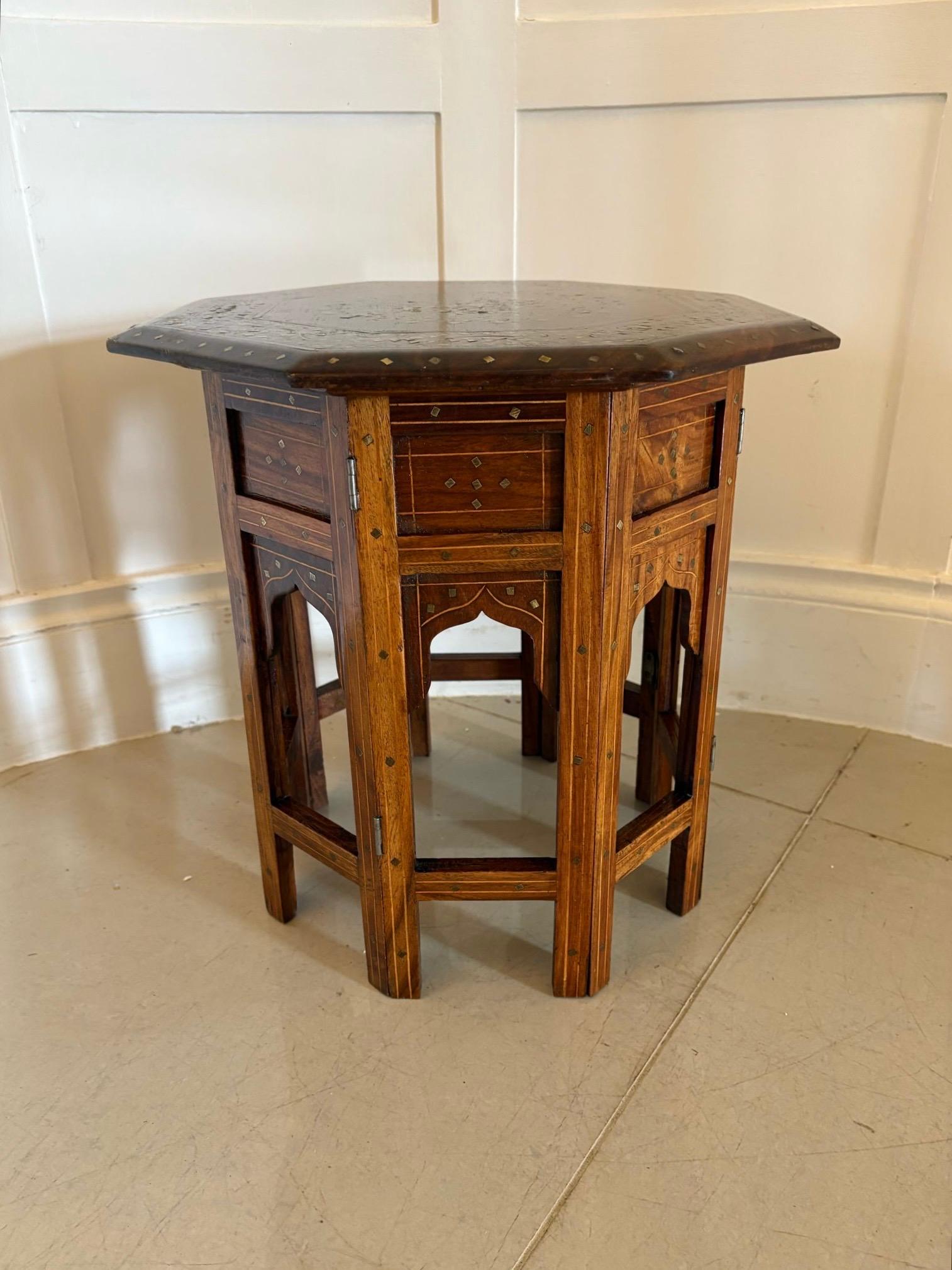 Small Antique Quality Brass and Bone Inlaid Indian Teak Table For Sale 1