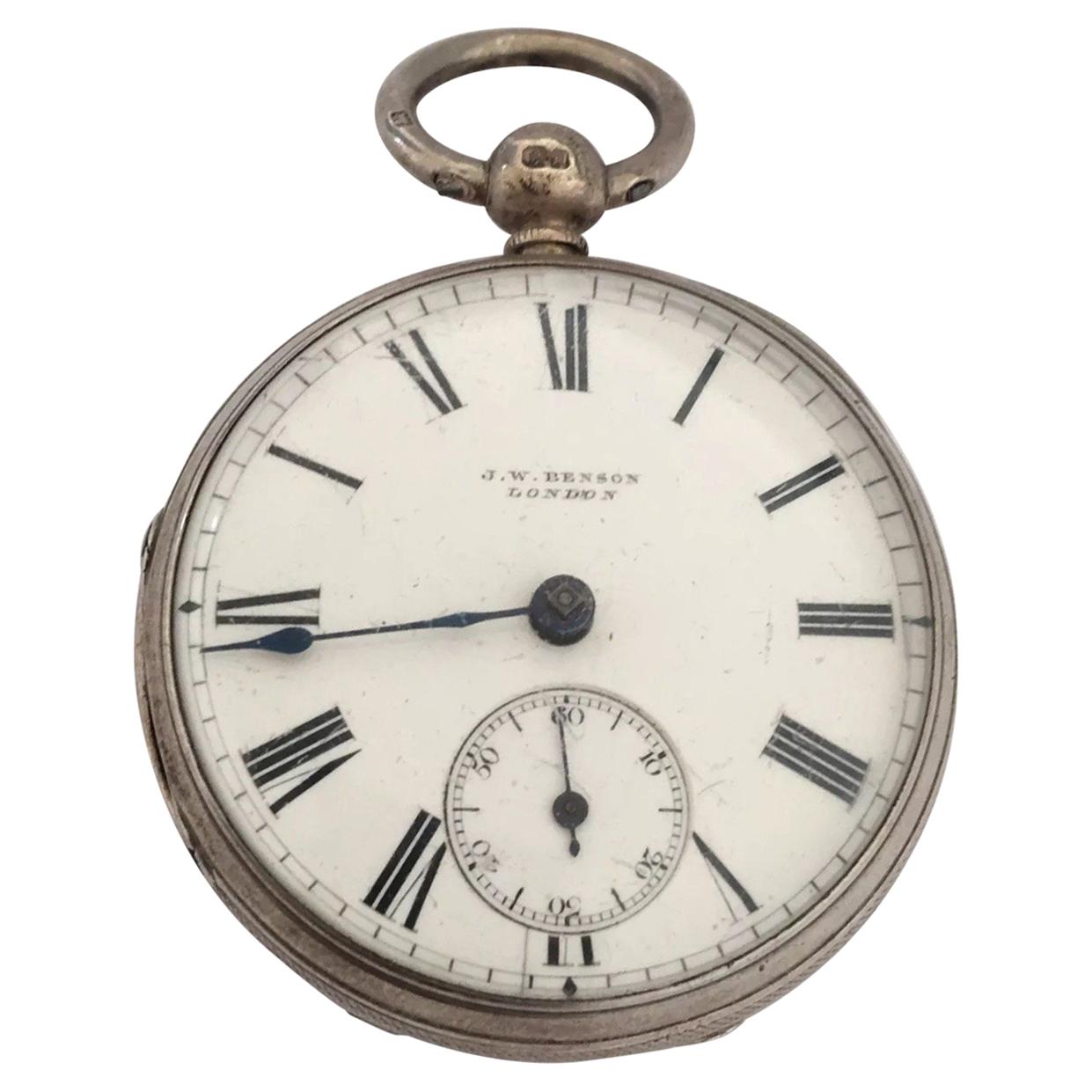 Small Antique Rare JW Benson London Maker Silver Pocket Watch For Sale