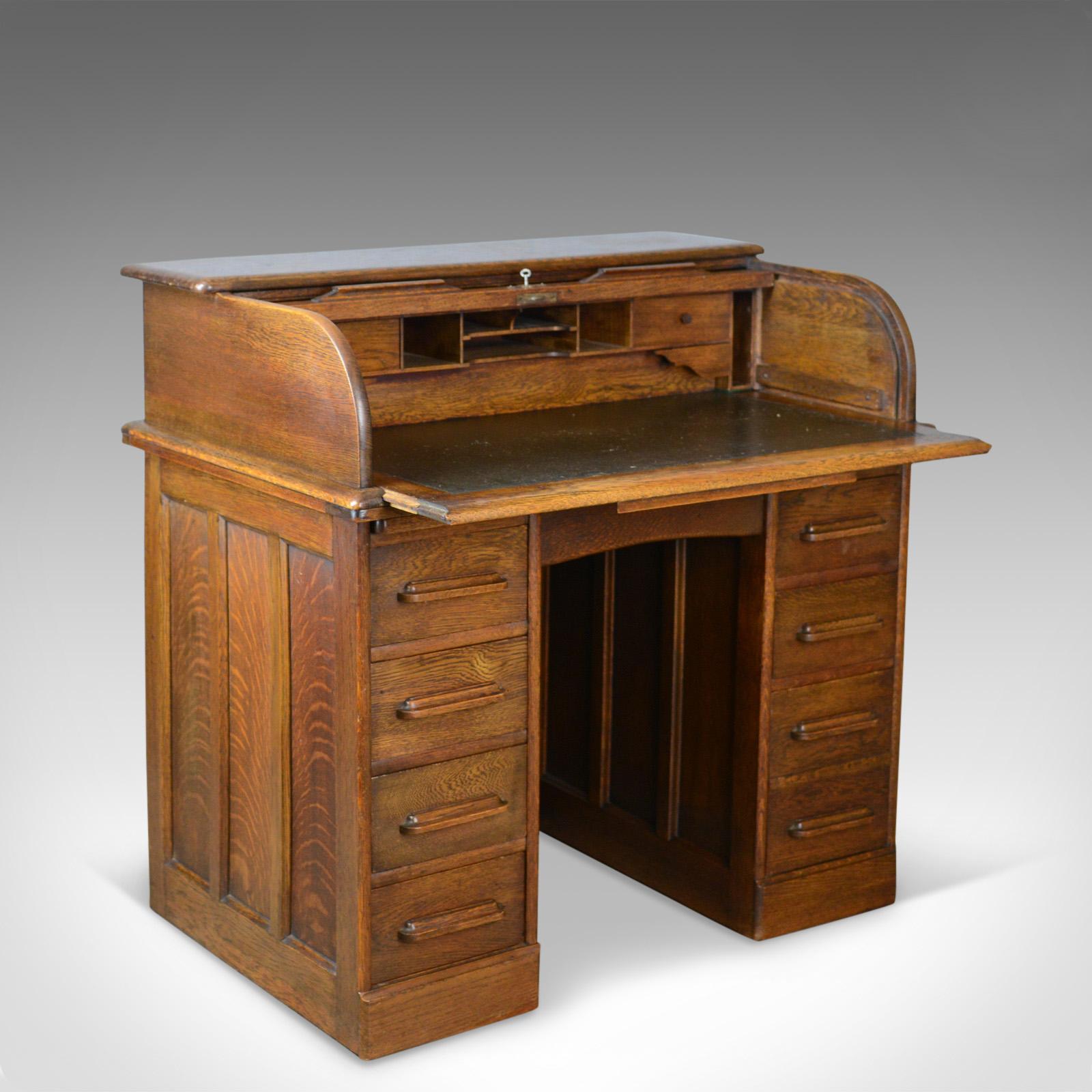 Edwardian Small Antique Roll Top Desk, Oak, Tambour, William Angus and Co Ltd London