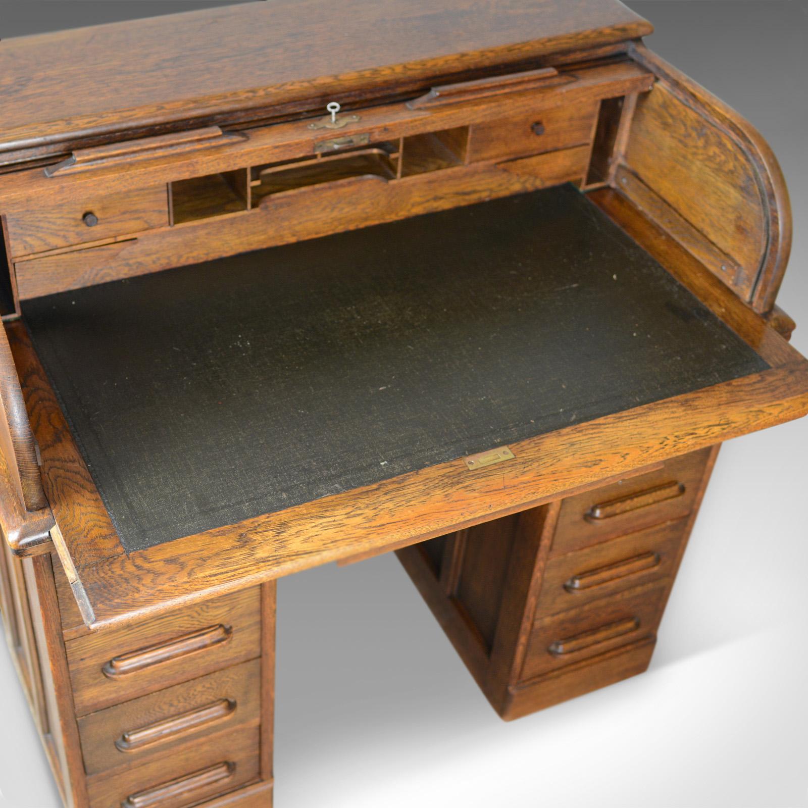 English Small Antique Roll Top Desk, Oak, Tambour, William Angus and Co Ltd London