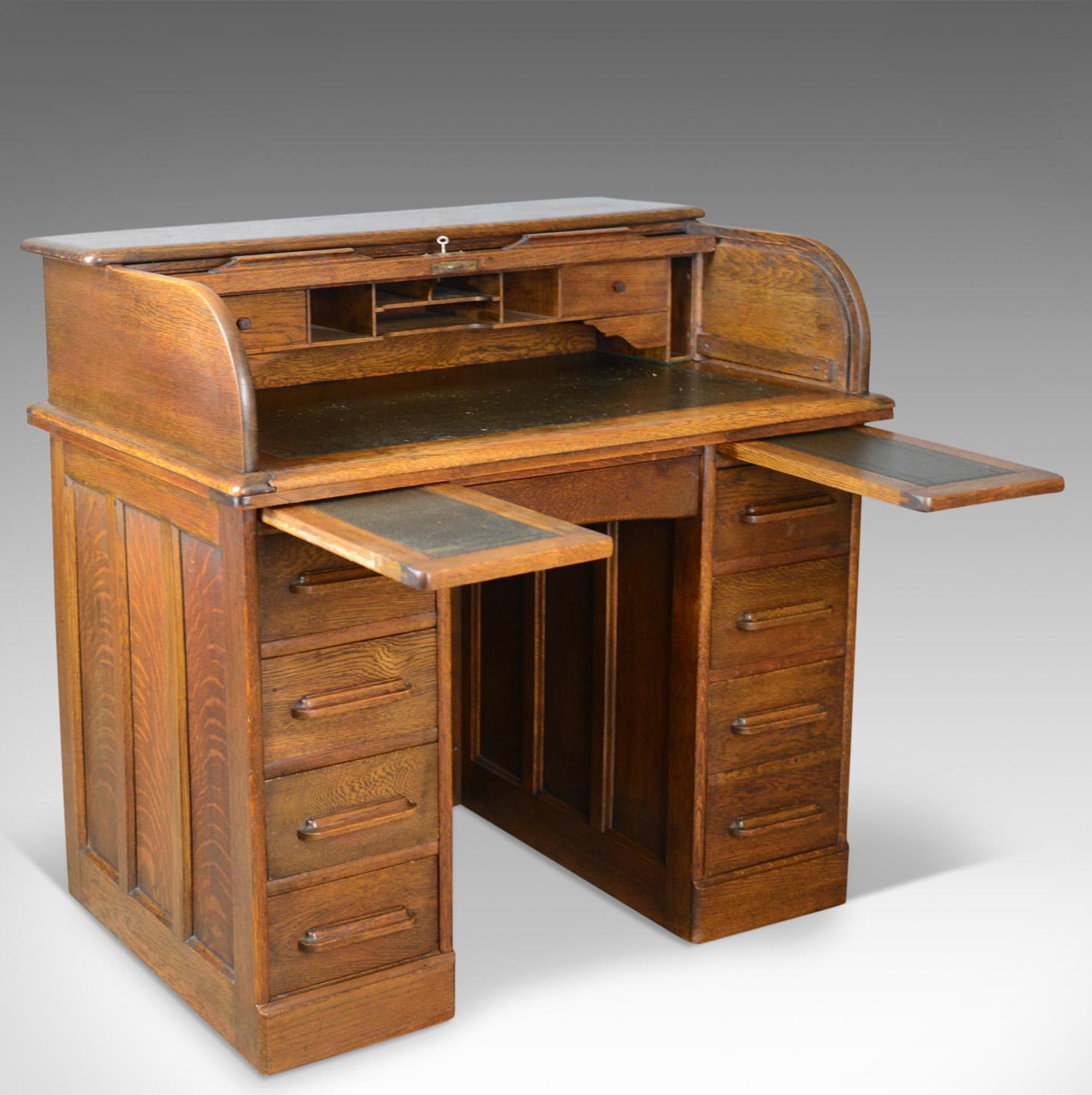 20th Century Small Antique Roll Top Desk, Oak, Tambour, William Angus and Co Ltd London