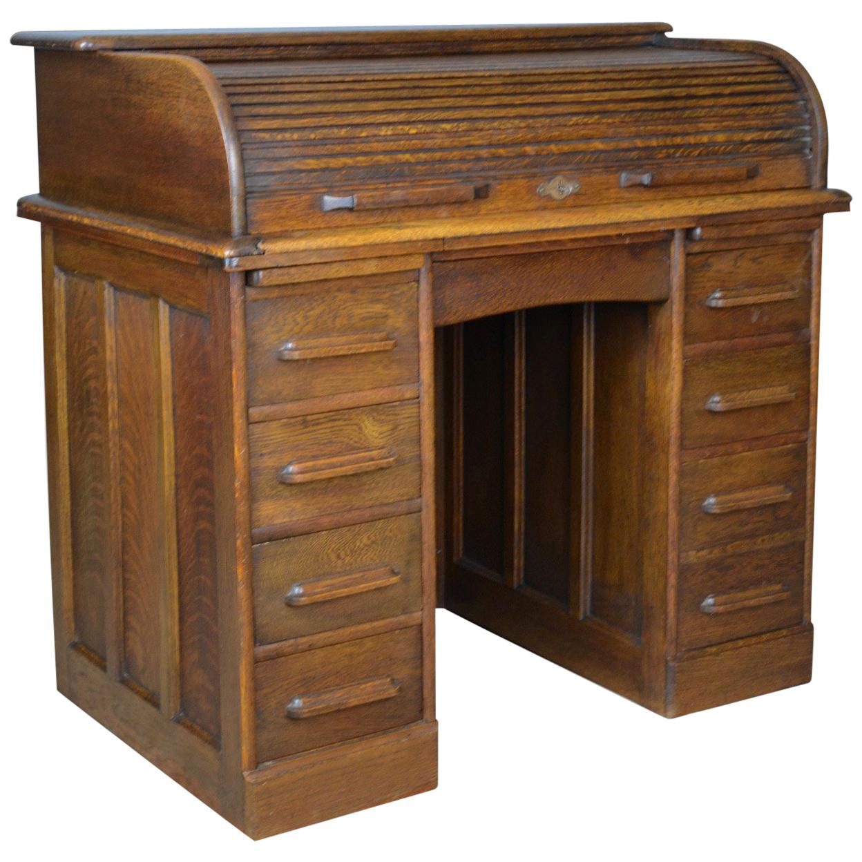 Small Antique Roll Top Desk, Oak, Tambour, William Angus and Co Ltd London