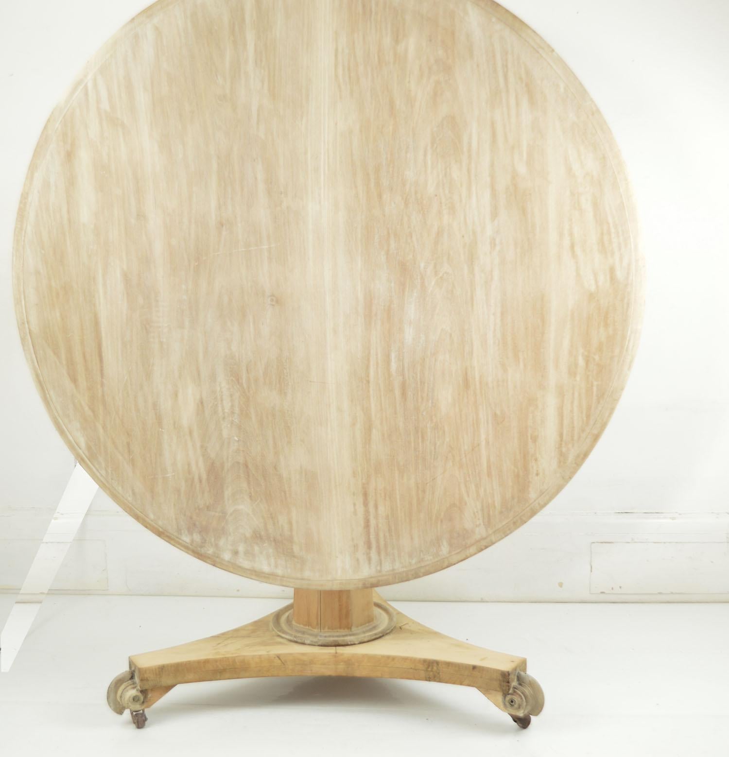 Fabulous small round table. Made from bleached Honduras mahogany and pine

I particularly like the simplicity of this table and the ammonite shaped feet.

Beautifully figured top. 

On the original castors. The top tips so the table can be