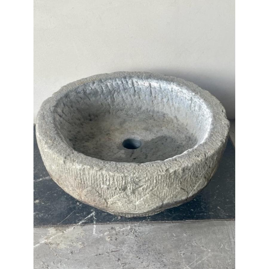 Carved Small Antique Round Stone Basin For Sale