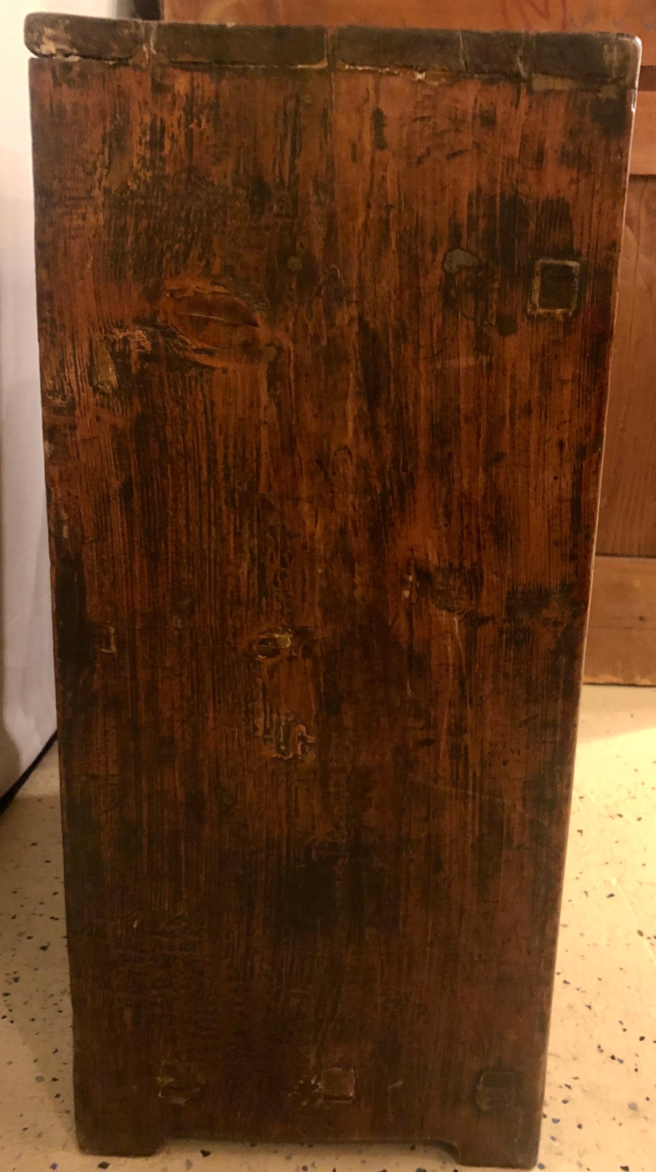 Small antique rustic cabinet / end or side table having a single leather pull on each door or drawer. Shelved interior. 

lia.