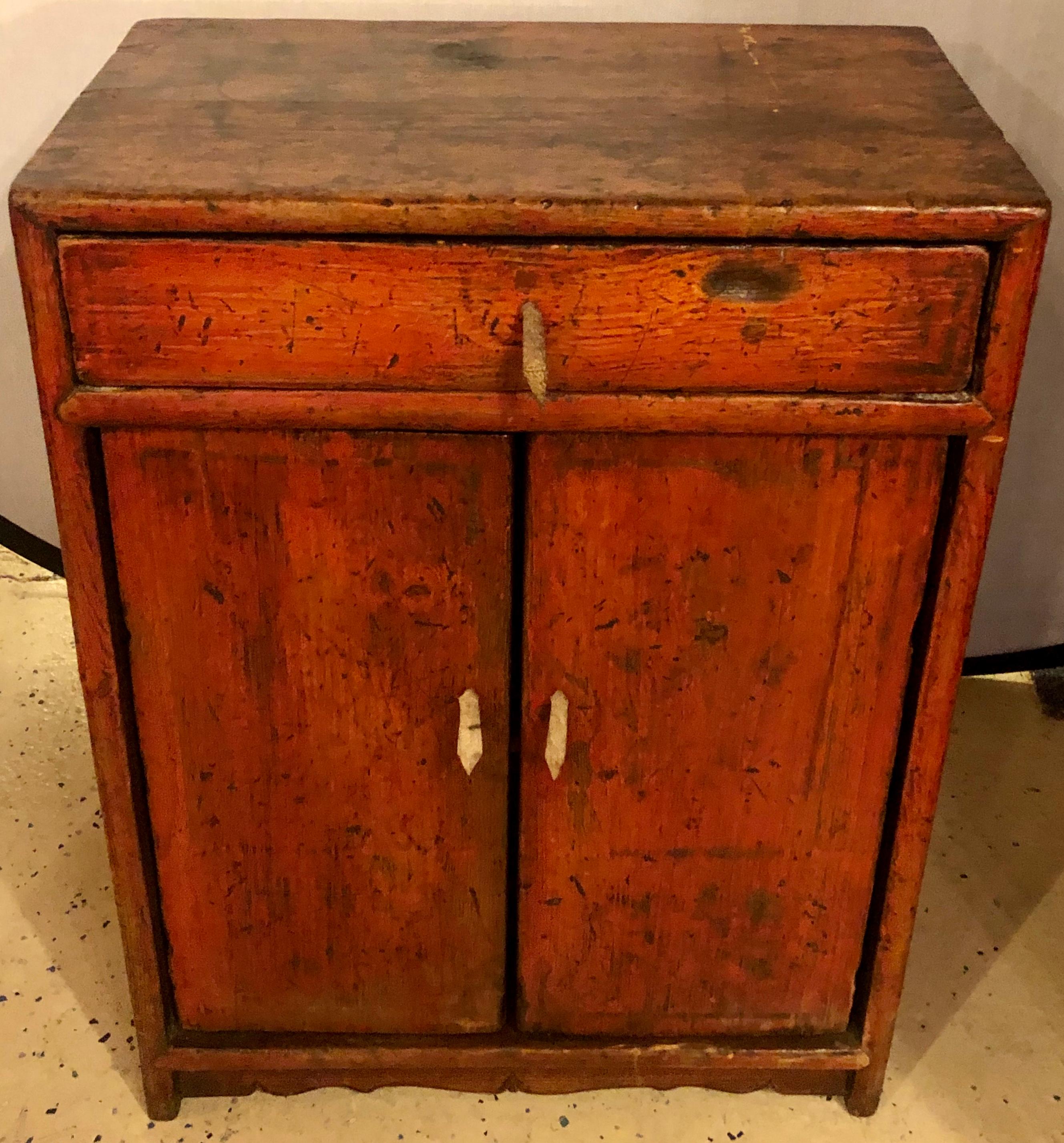 20th Century Small Antique Rustic Cabinet / End or Side Table Having a Single Leather Pulls