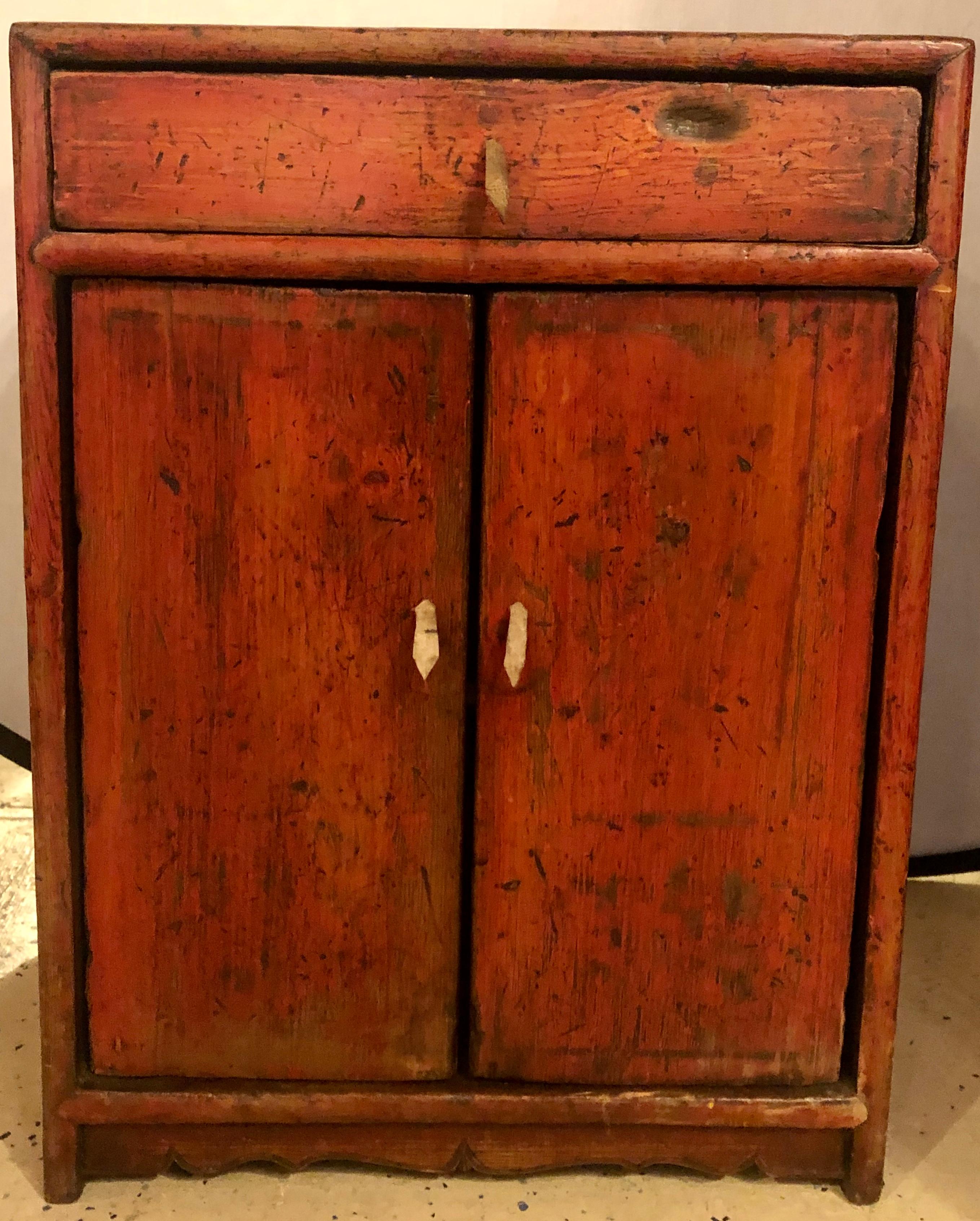 Wood Small Antique Rustic Cabinet / End or Side Table Having a Single Leather Pulls