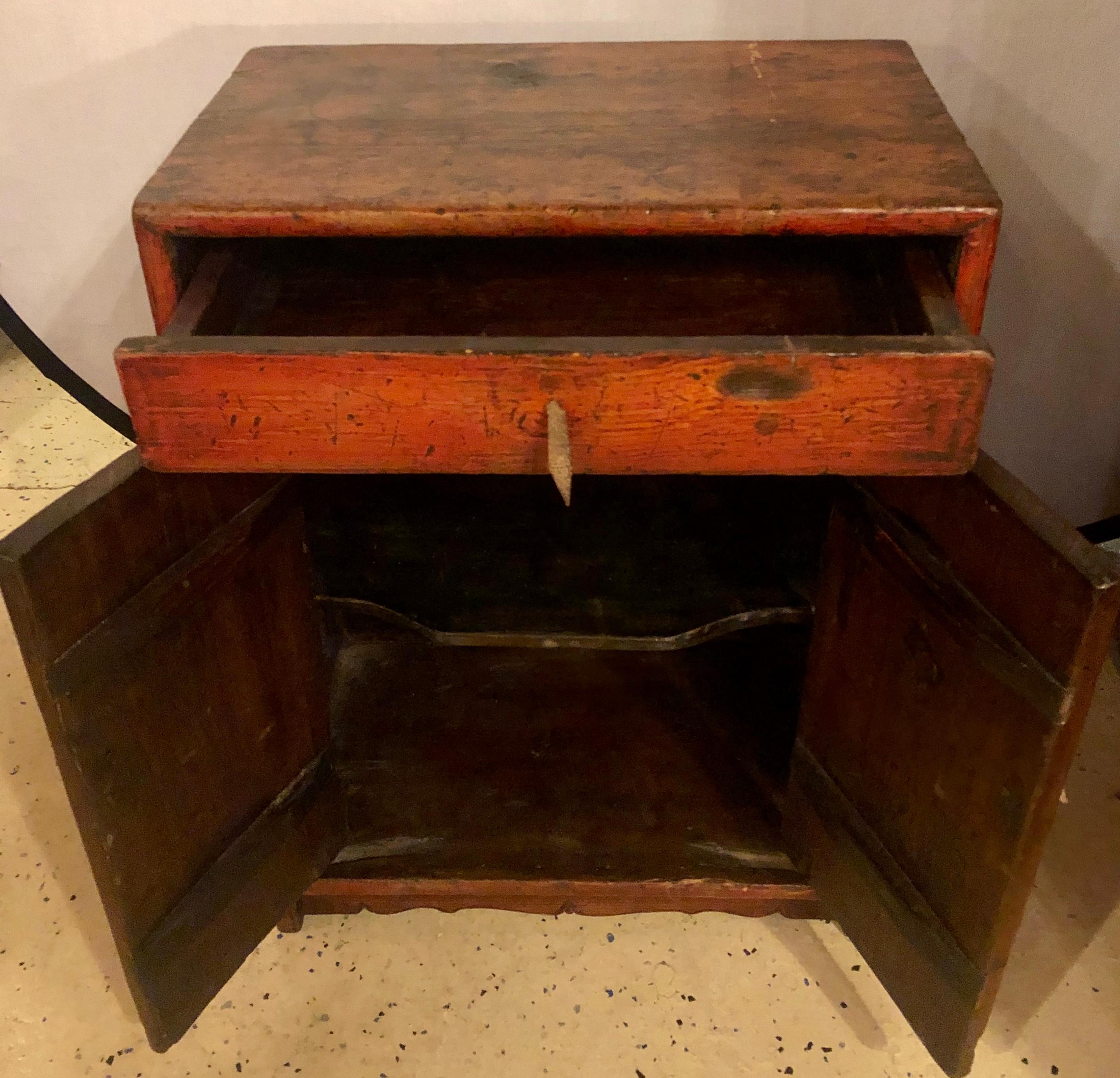 Small Antique Rustic Cabinet / End or Side Table Having a Single Leather Pulls 2