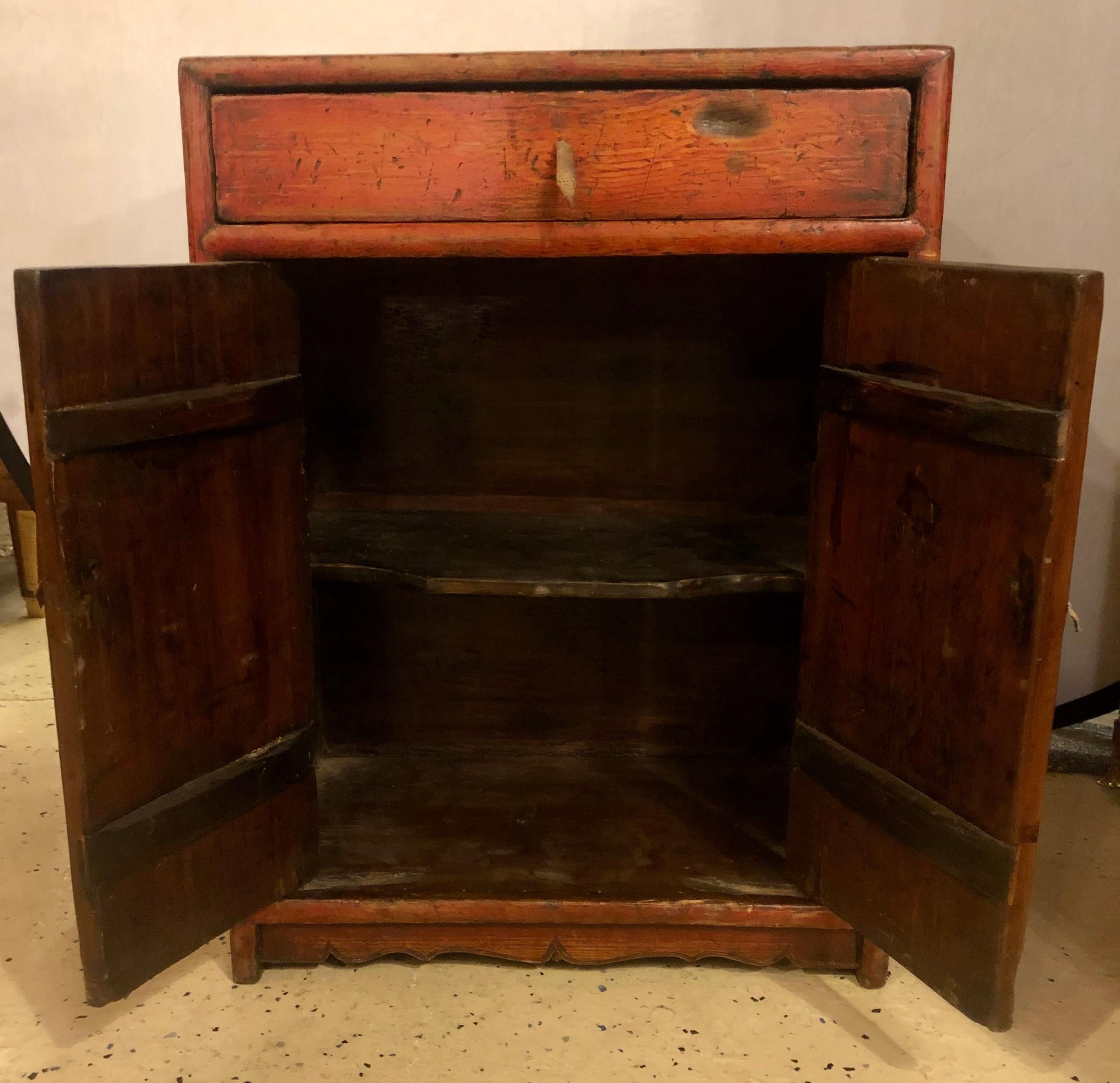 Small Antique Rustic Cabinet / End or Side Table Having a Single Leather Pulls 4