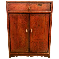 Small Antique Rustic Cabinet / End or Side Table Having a Single Leather Pulls