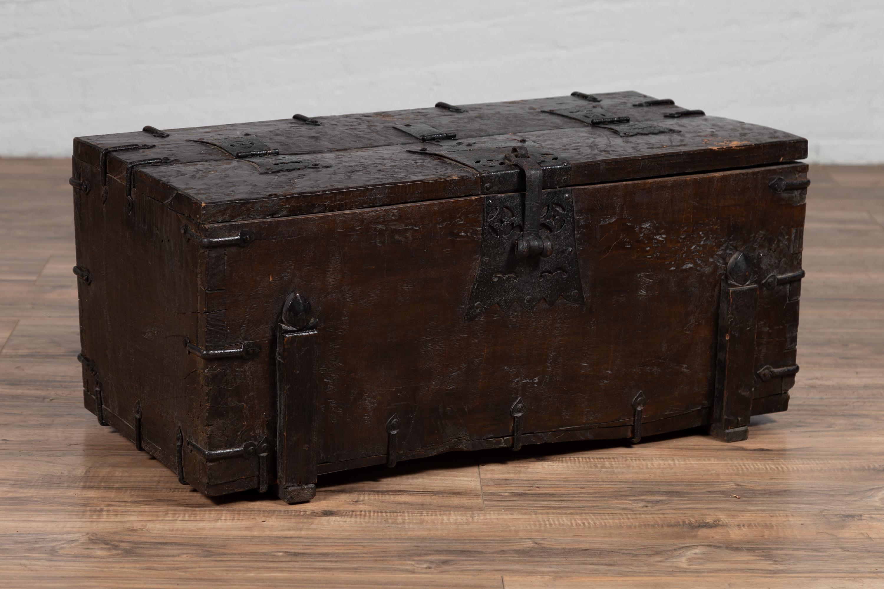 Small Antique Rustic Korean Wooden Trunk with Metal Hardware and Brown Patina 3