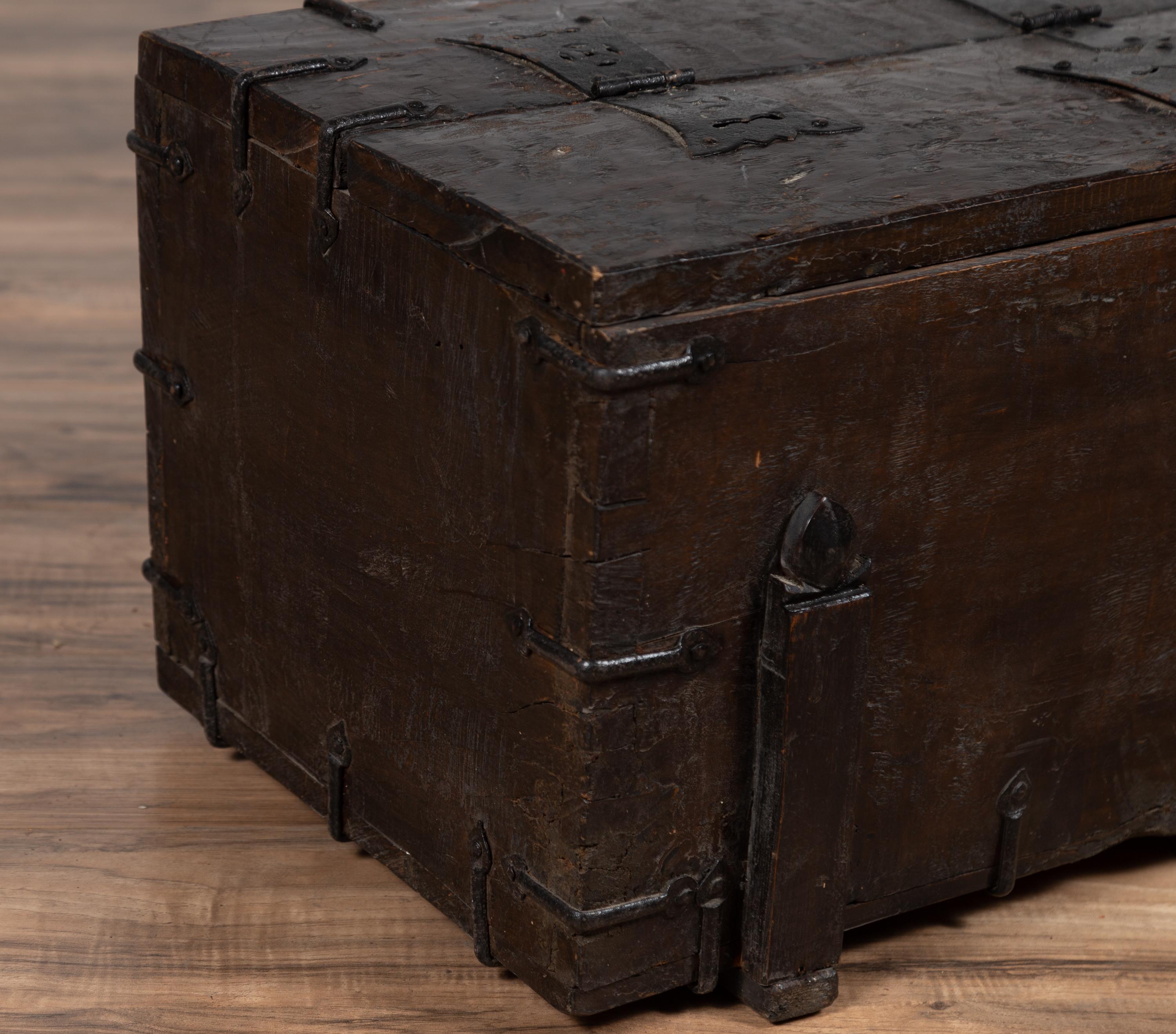 Small Antique Rustic Korean Wooden Trunk with Metal Hardware and Brown Patina 4