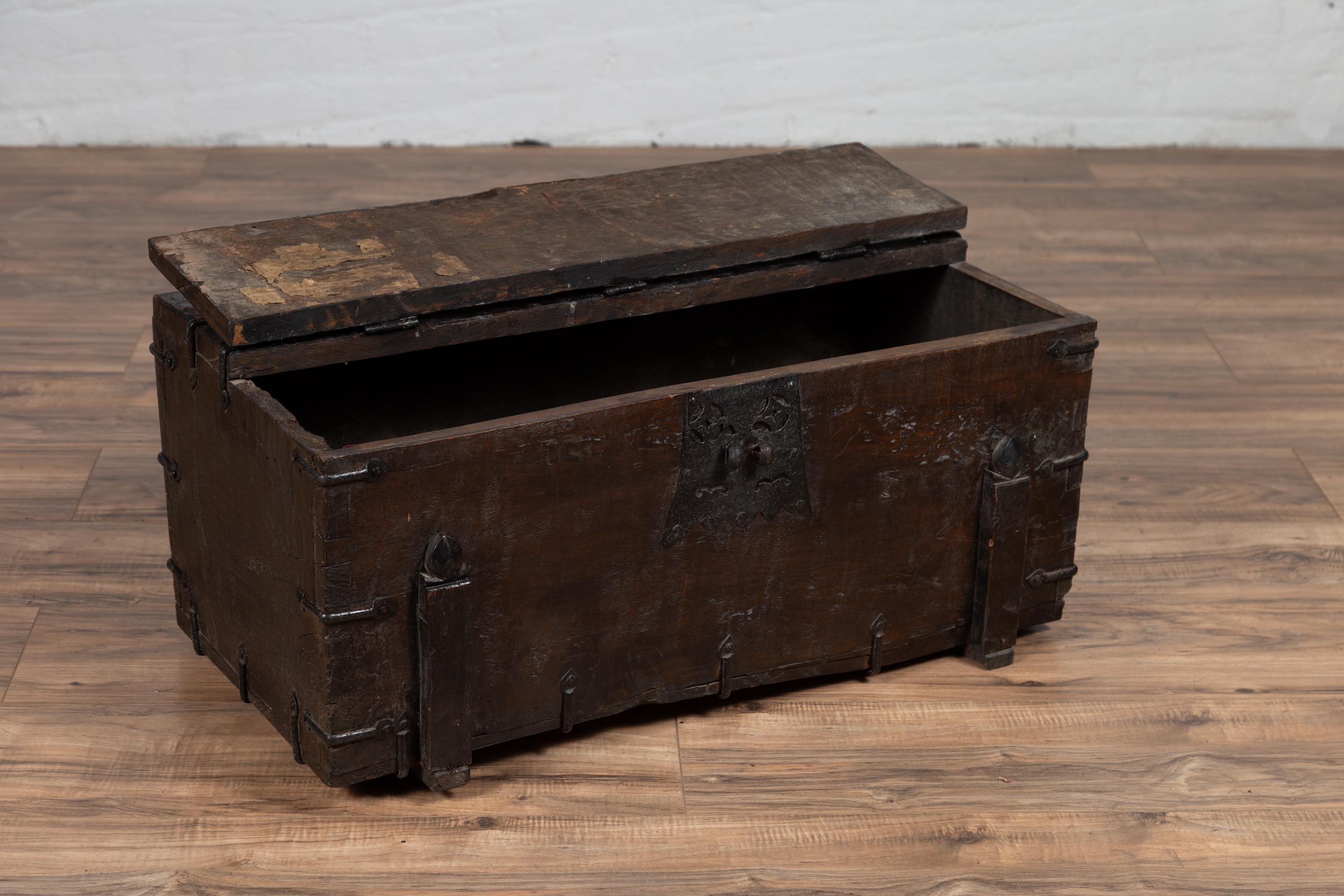Small Antique Rustic Korean Wooden Trunk with Metal Hardware and Brown Patina 6