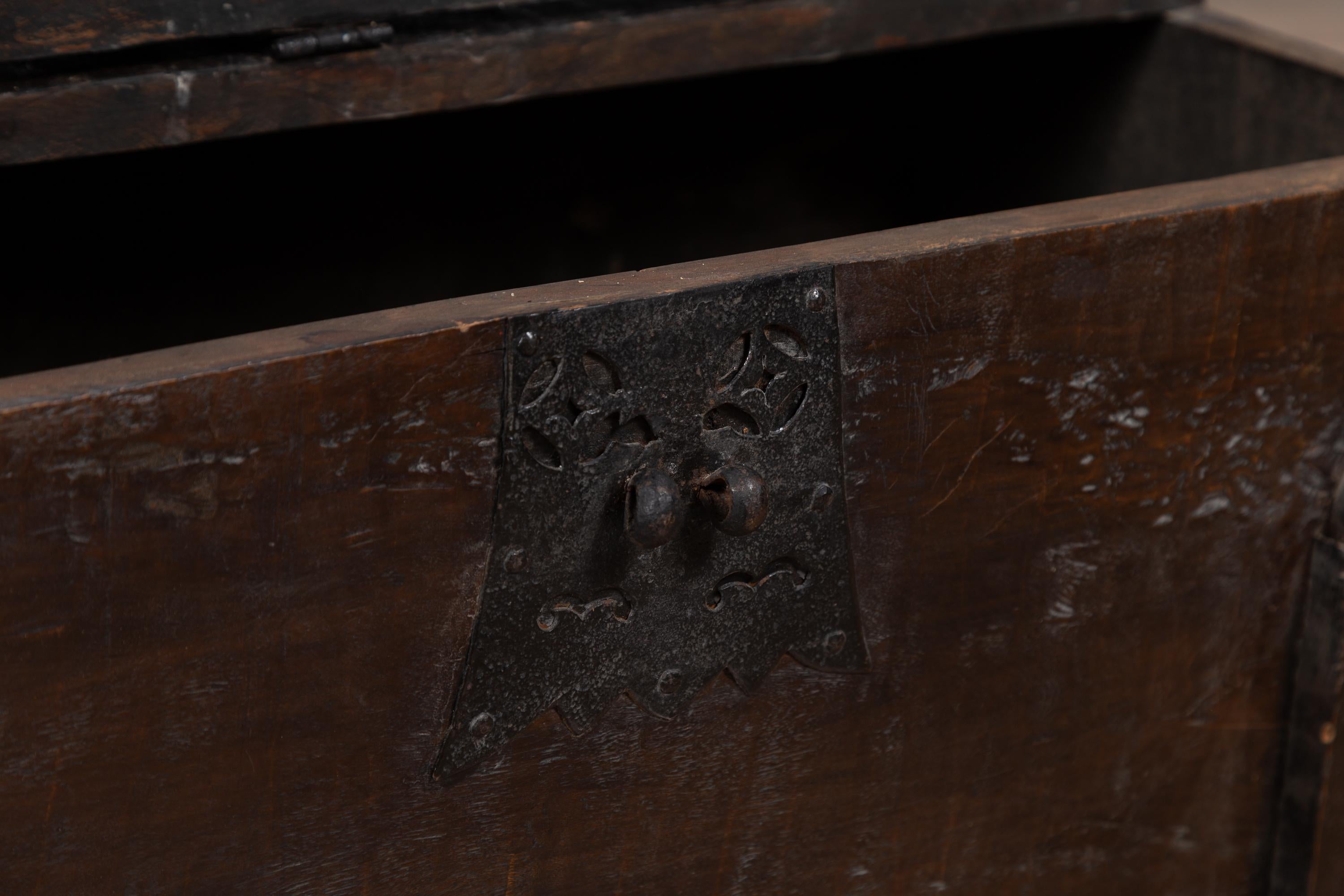 Small Antique Rustic Korean Wooden Trunk with Metal Hardware and Brown Patina 8